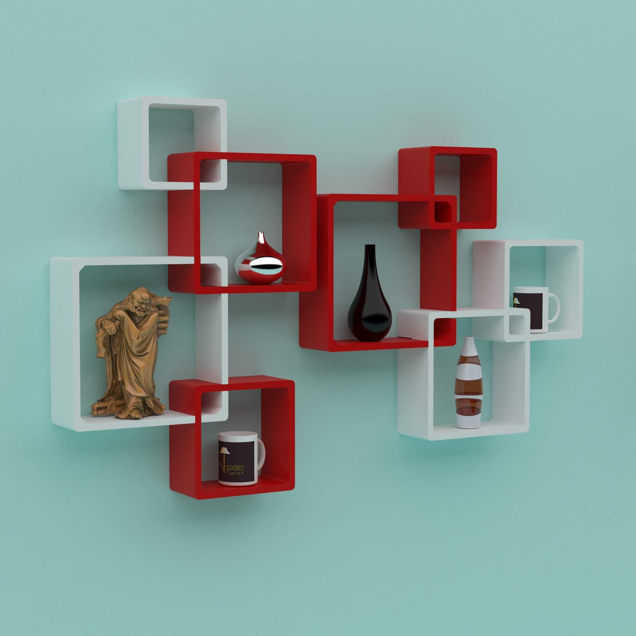 Wooden Twist Modern Wall Mounted Wooden Shelves Set โ Red & White Display Racks for Home Decor | Floating Wall Shelves for Living Room, Bedroom & Office Storage and Decoration