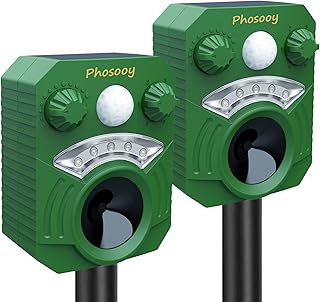 Phosooy Ultrasonic Animal Repeller, 2 Packs Waterproof Solar Animal Deterrent Device Motion Activated to Repel Cats, Dogs,...