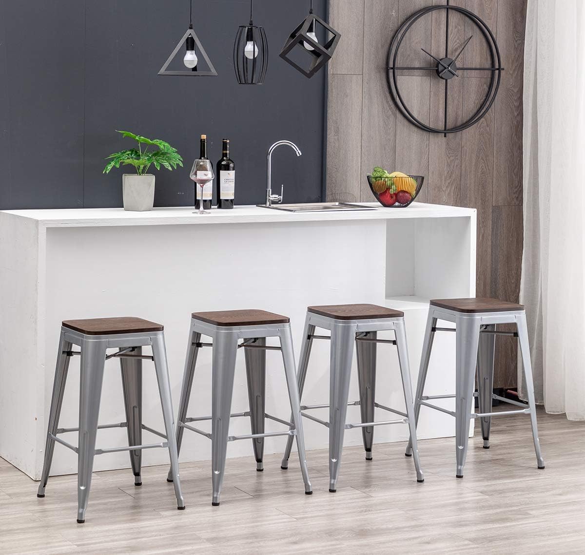 HAOBO Home 24" Backless Metal Counter Stool Height Bar Stools [Set of 4] Barstools with Wooden Seat, Silver