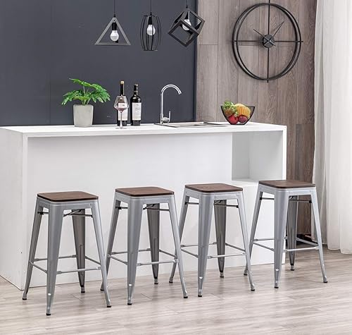 Miniatura 8 de [Juego de 4] Taburete metálico apilable industrial moderno para interior/exterior 17 pulgadas, Metal Plata sin espalda con madera,Sin espalda negro