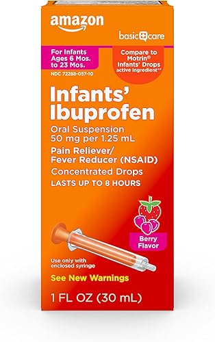 Amazon Basic Care Gotas de suspensión oral de ibuprofeno para bebés, 50 mg por 0.0 fl oz, sabor a bayas, para dolores y dolores menores, dolor de