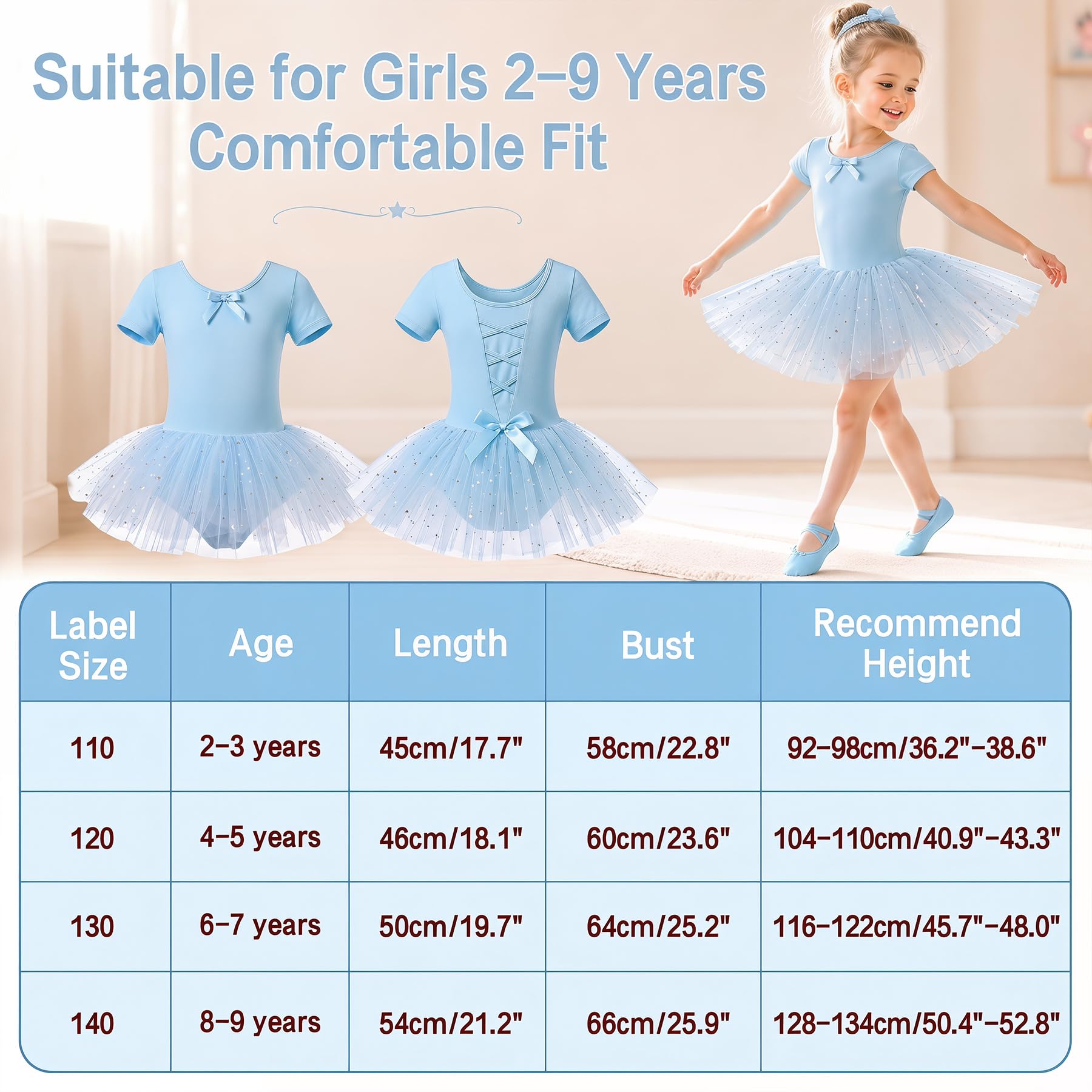 JinBei Vestido Ballet Niña Algodón Tutu con Lentejuelas Maillot Danza 2-9 Años
