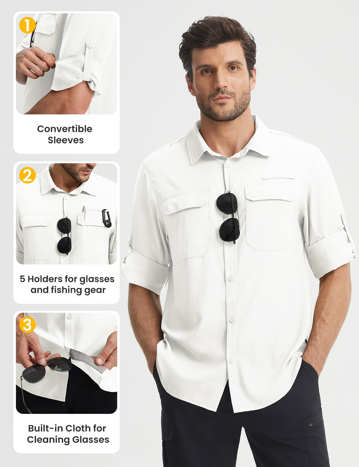 baleaf Camisas de safari de manga larga para hombre, protección solar UPF 50+, ligera, de secado rápido, con bolsillos, para senderismo, caminar, golf y uso casual