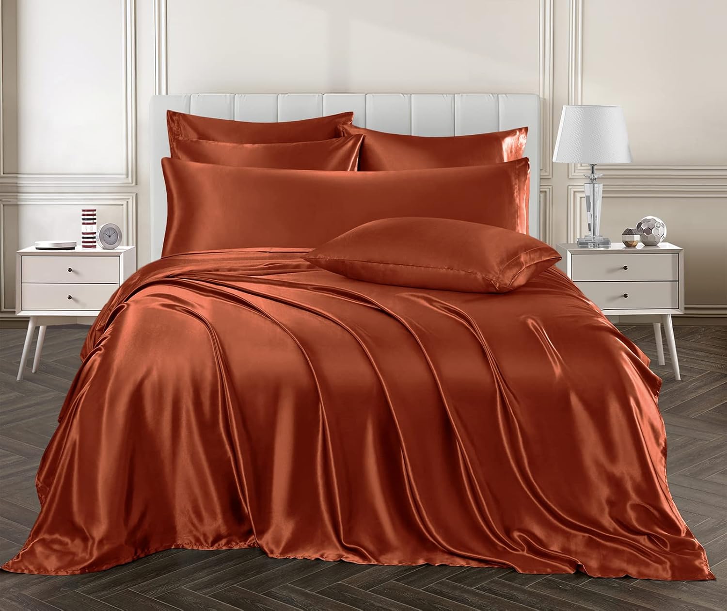 Ersmak 7 Pieces Satin Sheets Set Queen Size, Luxury Silky Rust Orange Satin Bed Sheets Set with 1 Deep Pocket Fitted Sheet, 1 Soft Flat Sheet, 4 Queen Pillowcases and 1 Body Pillowcase