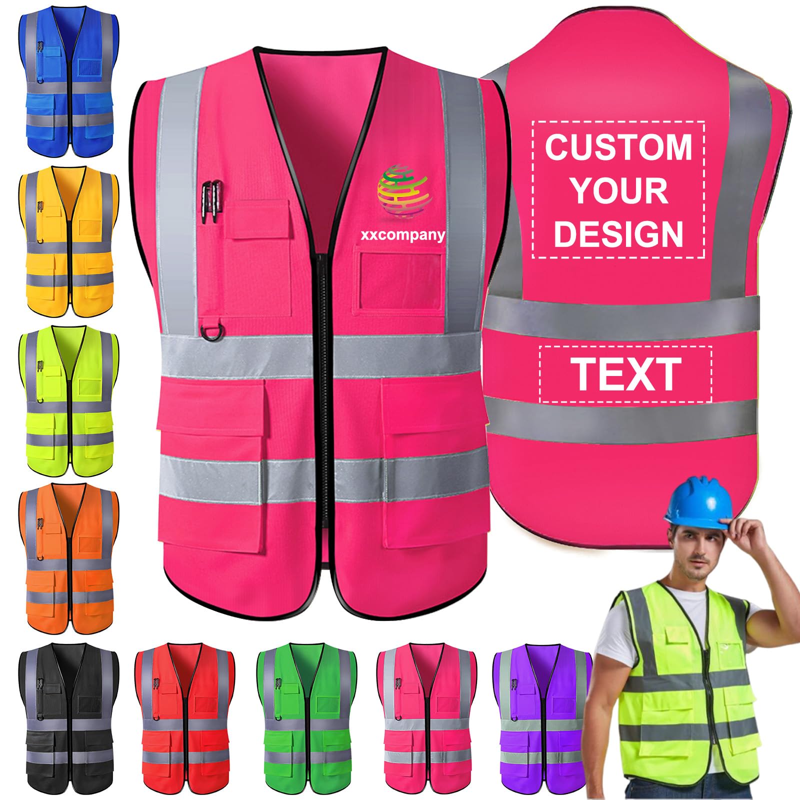 Personalised Hi Vis Vest with Zip Pockets Customised Reflective Safety Security Vests with Logo Customise for Work Construction,Pink