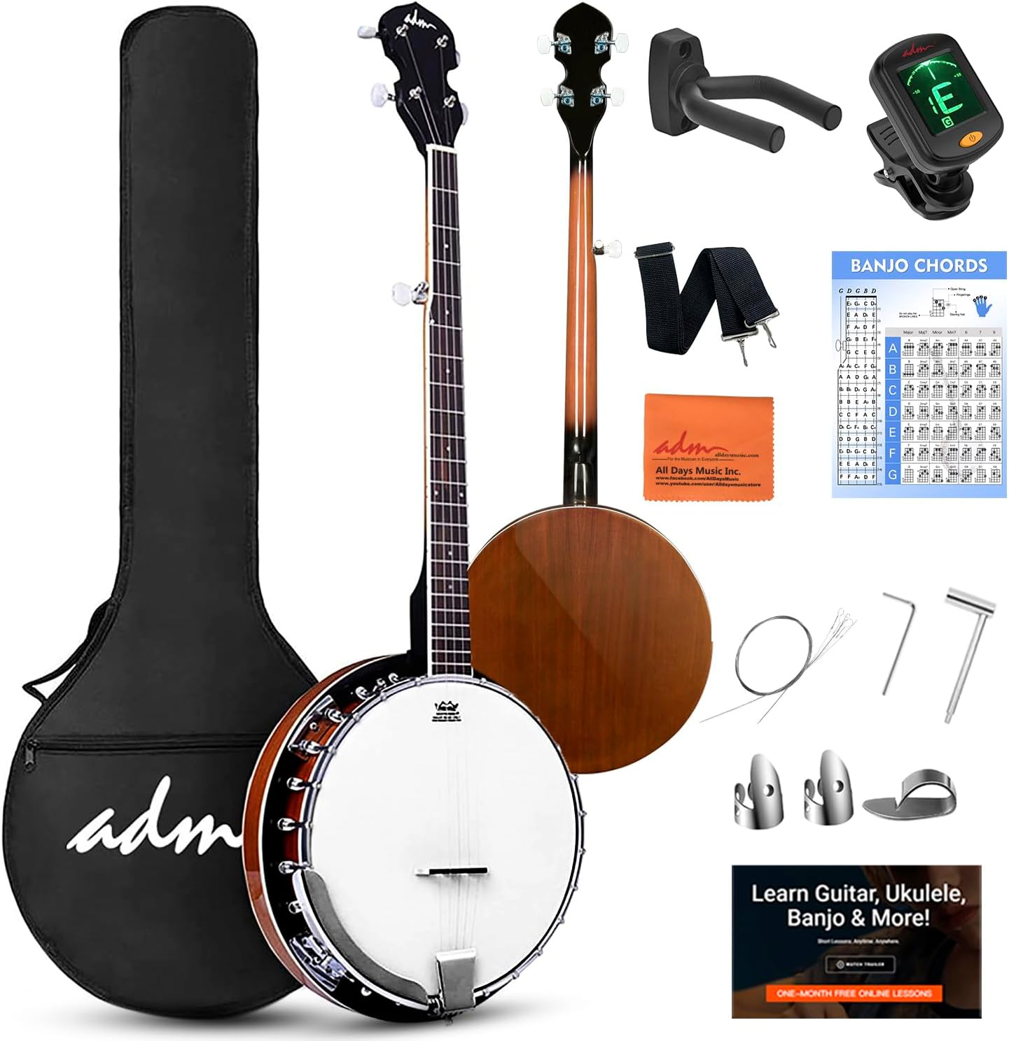 ADM Banjo 5 String Full Size Banjoes Set, 38 Inch Beginner Banjo Kit with Resonator, Remo Drum Head, Open or Closed Back, Gift Package Free Lessons Starter Accessories for Adults Teenager, Brown
