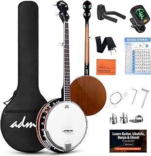ADM Banjo 5 String Full Size Banjoes Set, 38 Inch Beginner Banjo Kit with Resonator, Remo Drum Head, Open or Closed Back, Gift Package Free Lessons Starter Accessories for Adults Teenager, Brown
