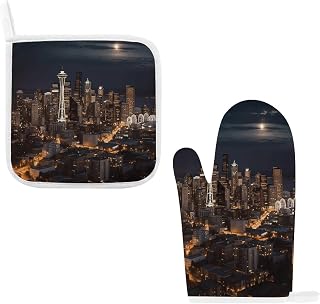 Oven Mitts and Pot Holders 2pcs Set,City Seattle Print Pot Holder Set,Kitchen Heat Resistant Hot Pads & Oven Mitt for Women Men