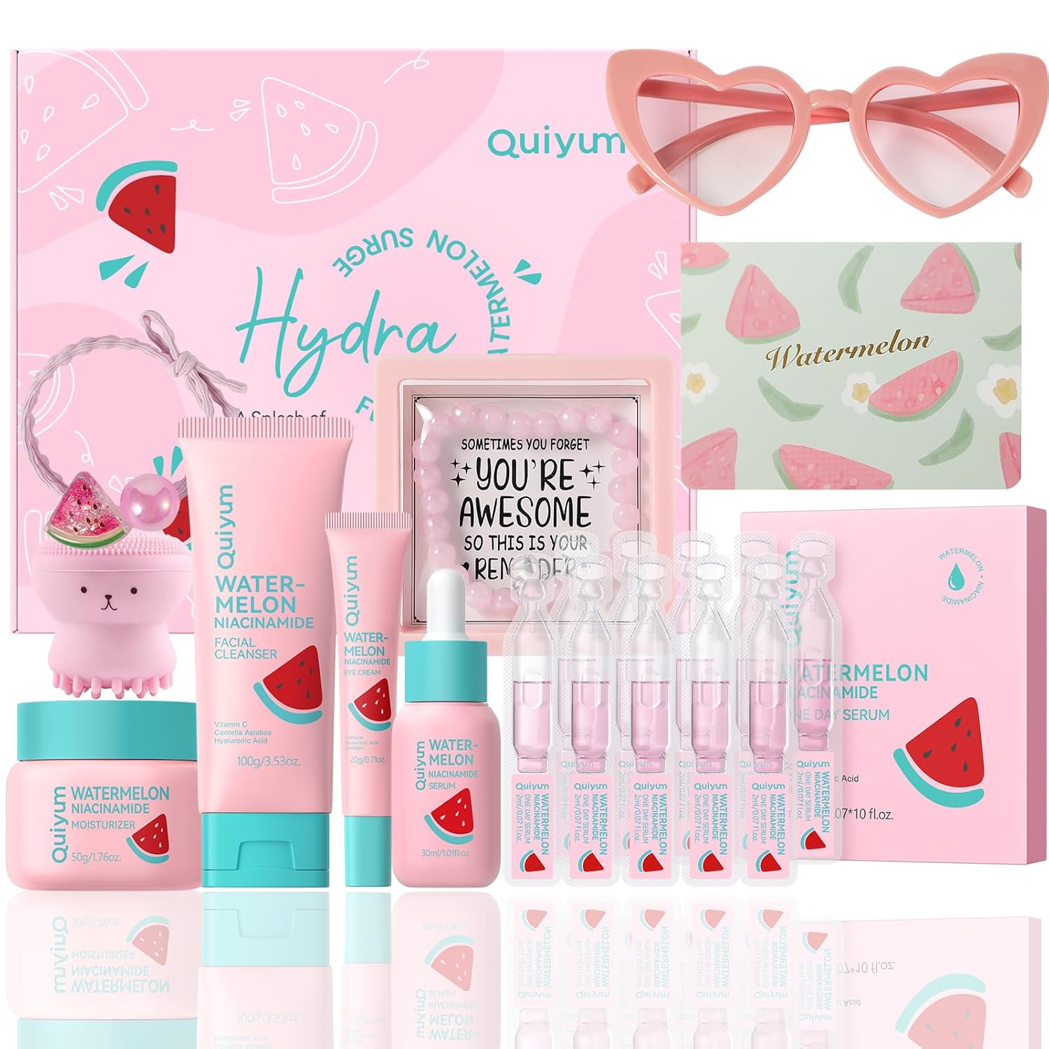 QUIYUM Watermelon Niacinamide Skincare Gift Set - 5-in-1 Hydrating Moisturizing Routine for Glowing Skin, for All Skin Types, Idea Gift for Trendy Teens Girls Women