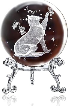 ZEERSHEE 60mm 3D Crystal Ball Glass Laser Engraved Cat Figurine Glass Cat Paperweight with Stand for Home Art Decor