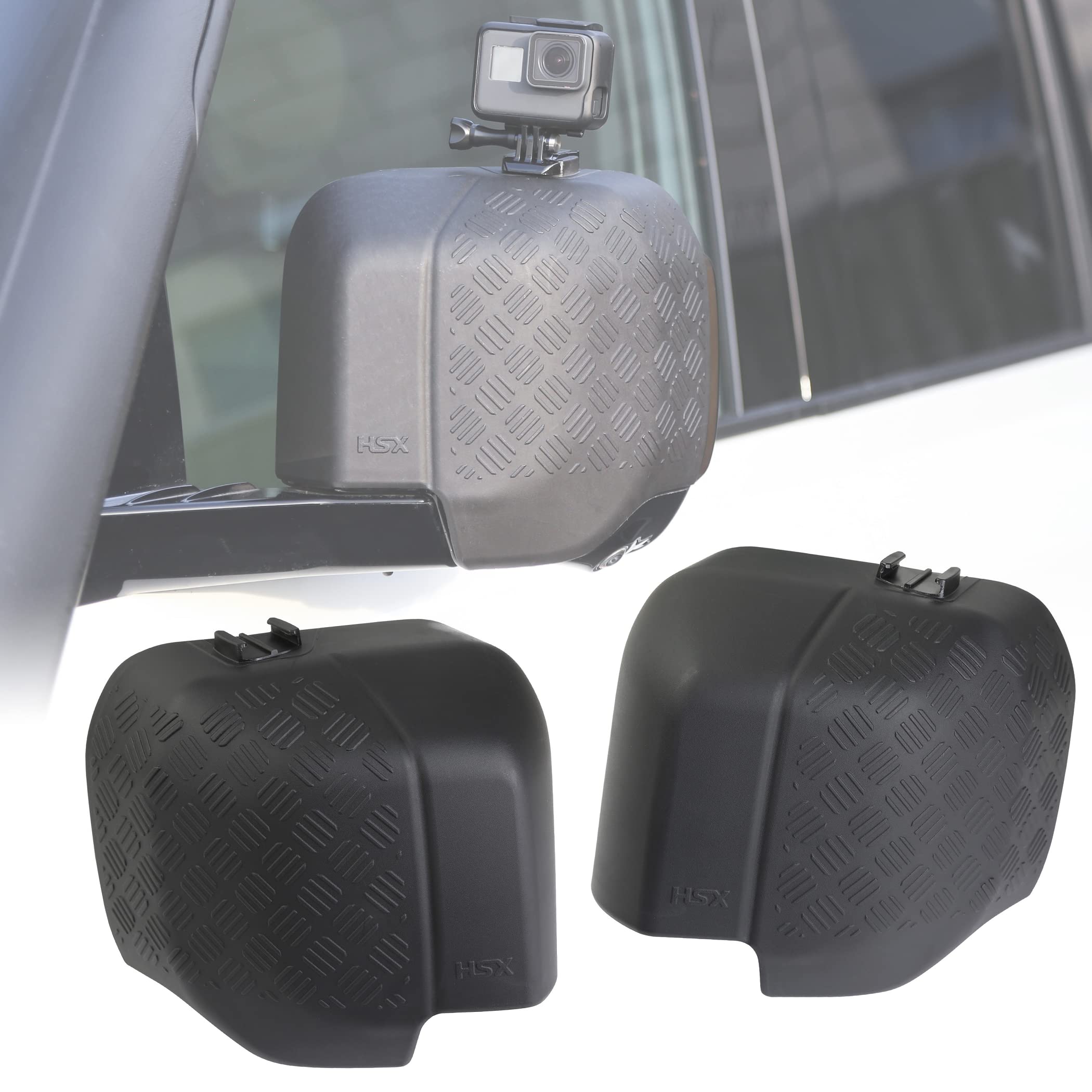 HSX Mirror Covers Pair with Camera Mount and Chequer Plate finish for Land Rover Defender L663 2020 2021 90 and 110 models