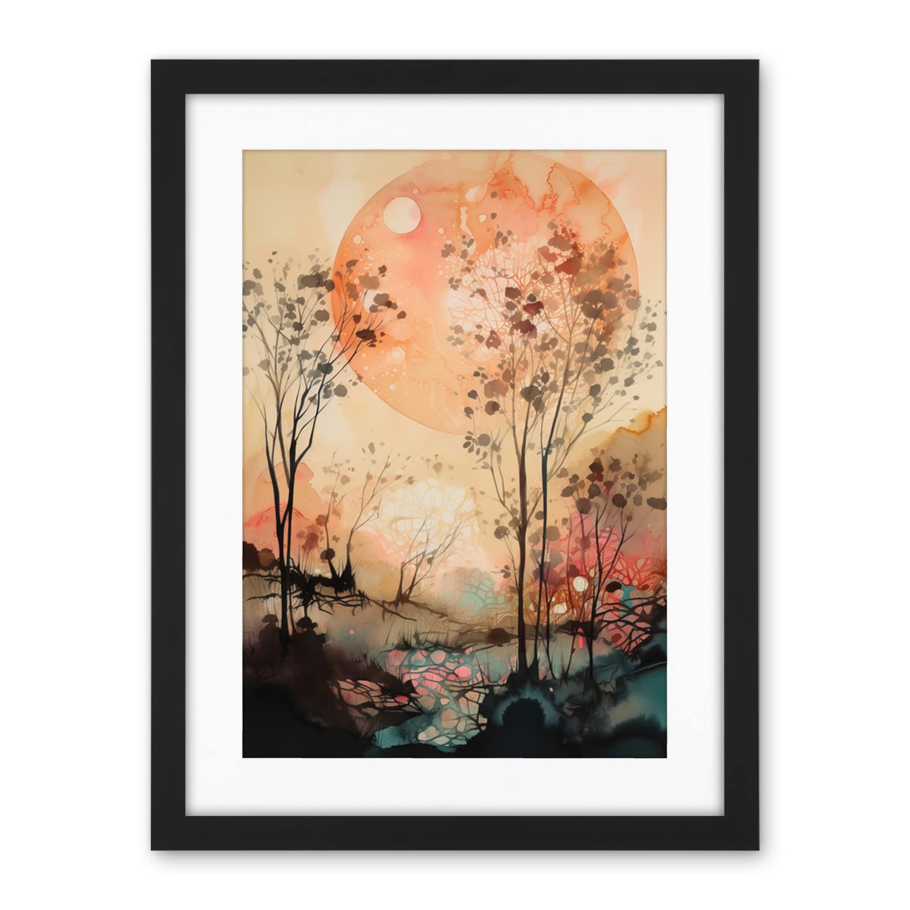 Artery8 Misty Riverside Trees Sunset Landscape Modern Boho Watercolour Painting Artwork Framed Wall Art Print 18X24 Inch