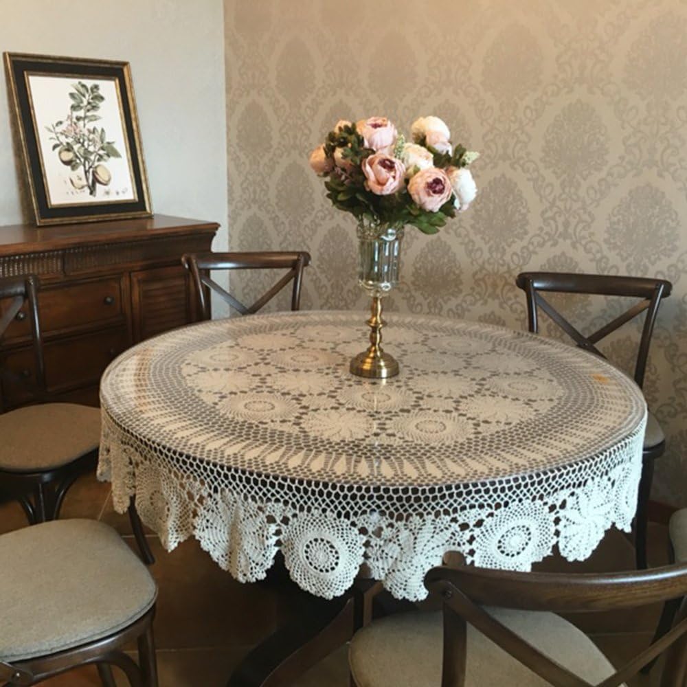 YIZUNNU Round Handmade Crochet Tablecloth Cotton Lace Table Doilies (43", White)