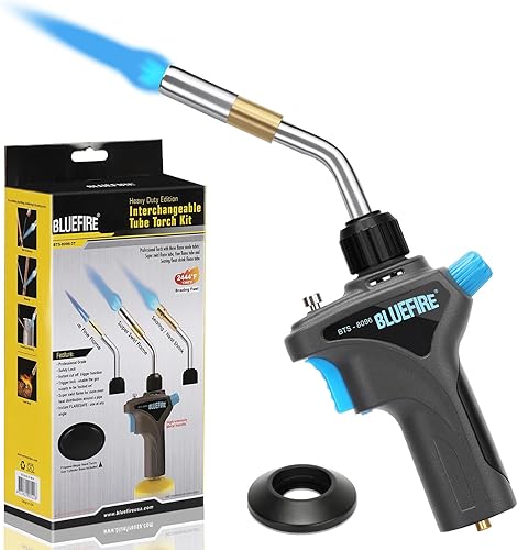 Miniatura 10 de BLUEFIRE - Antorcha de soldadura de gas con mango de metal, tubo reemplazable, combustible por MAPP MAPPRO y propano, herramienta de grado