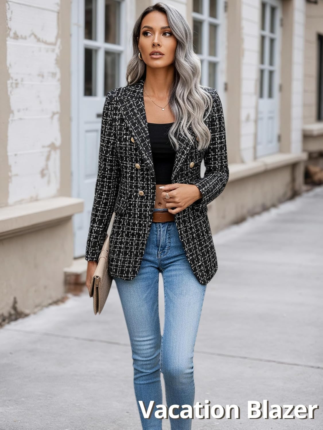 Mina Self 2026 Spring Women's Tweed Plaid Blazer Jacket - Fully Lined Fashion Business Casual Elegant Work Coat Pockets - Image 5