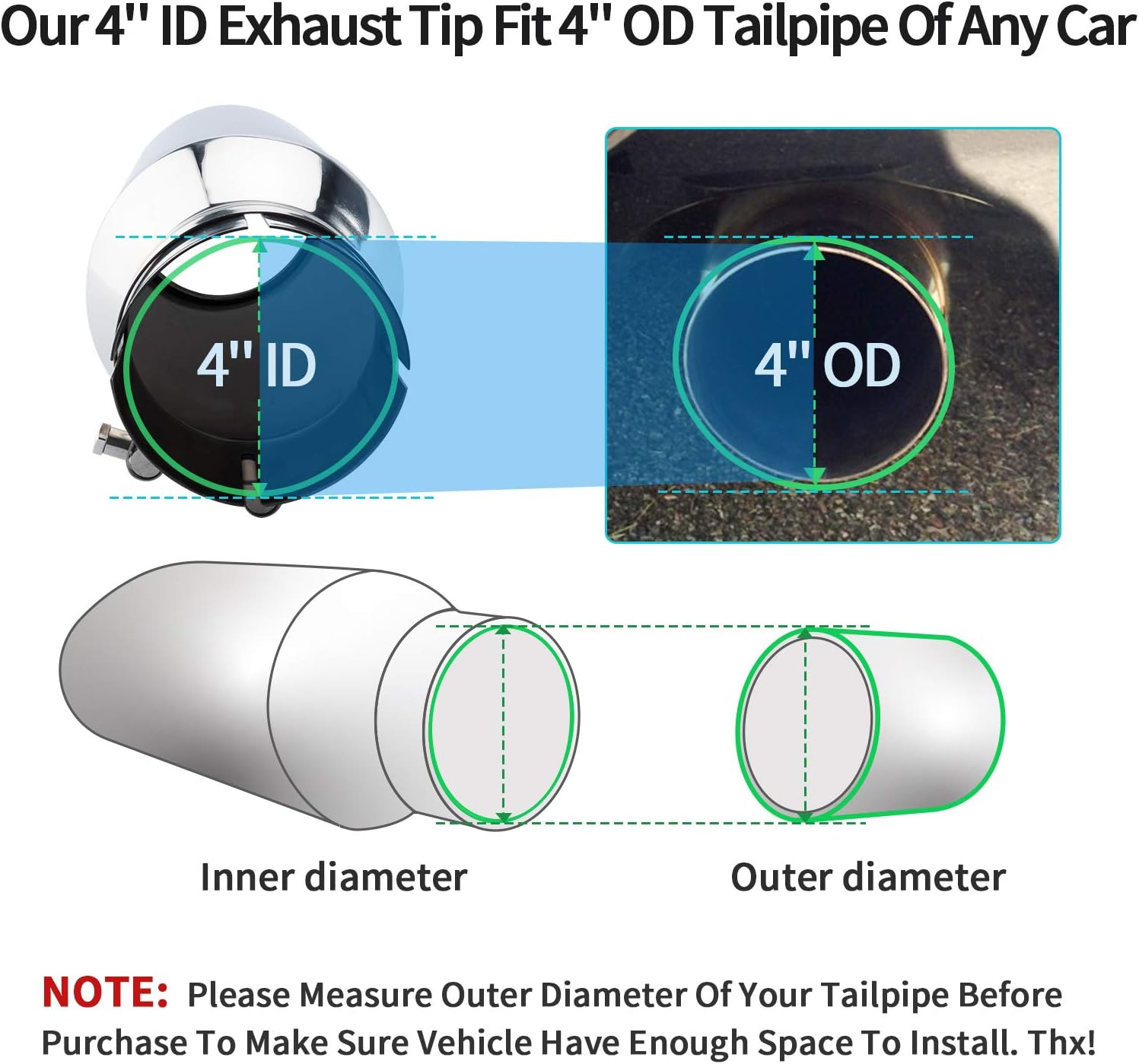 4 to 8 inch Exhaust Tip, MONOKING Exhaust Tip 4 inch Inlet Stainless Steel Clamp On Truck Car Diesel Tailpipes Tips 4" Inlet 8" Outlet 15" Long