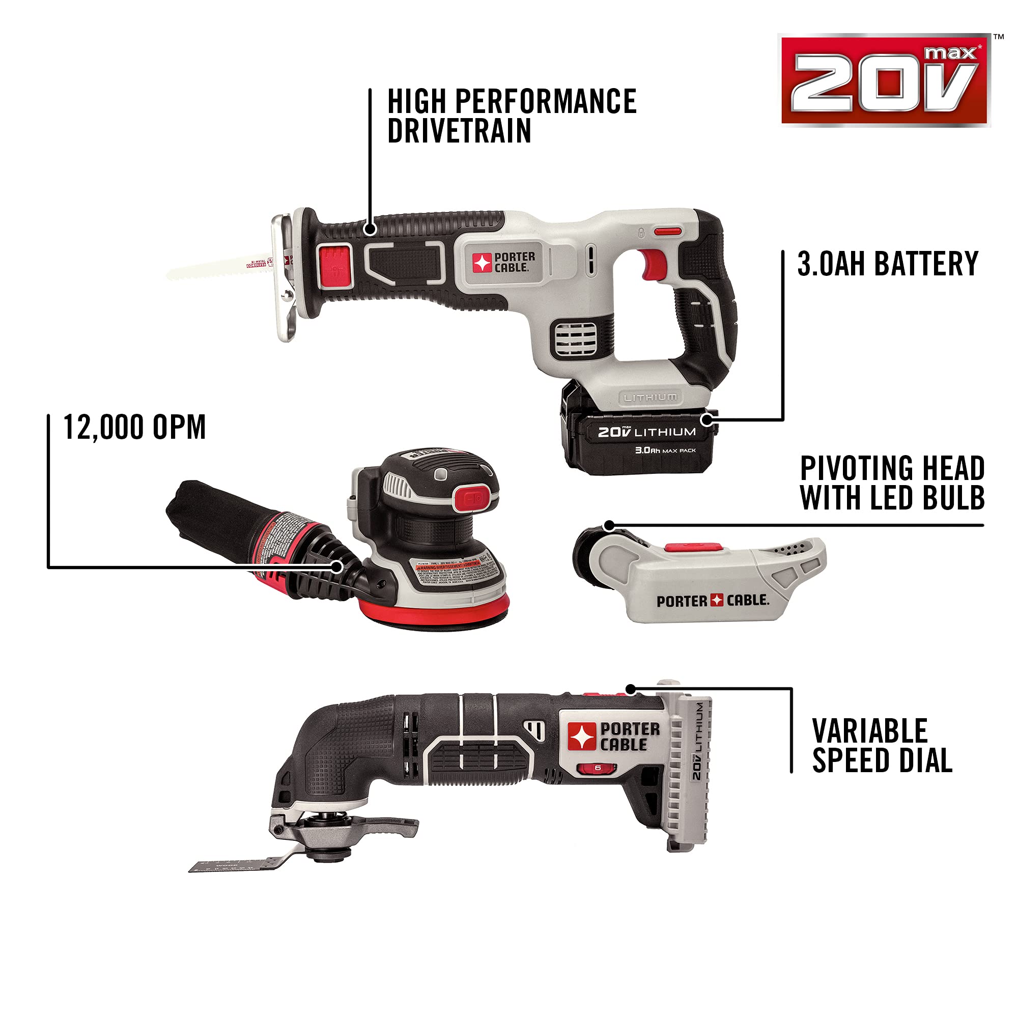 PORTER-CABLE 20V MAX 4-Tool Cordless Combo Kit – Drill/Driver, Impact Driver, Recip Saw & Flashlight With Bag