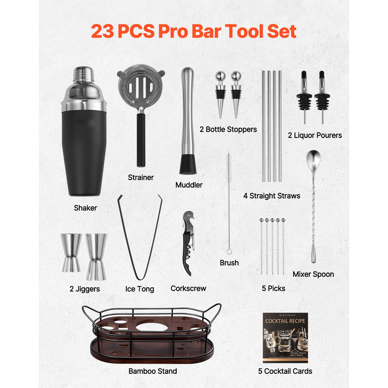 Happybuy 23 - Piece Cocktail Shaker Set: A Stainless Steel Masterpiece. This Martini Bartender kit, with its Bamboo Stand, Includes an extensive Collection of Tools Like Mixer Spoons, muddlers.
