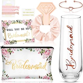 Geyee 9 Pcs Bridesmaid Proposal Gifts Sets Will You Be My Bridesmaid Gift Maid of Honor Box Include Champagne Glass Makeup Bag Bracelet for Engagement Wedding Bachelorette Party Supply(Classic)