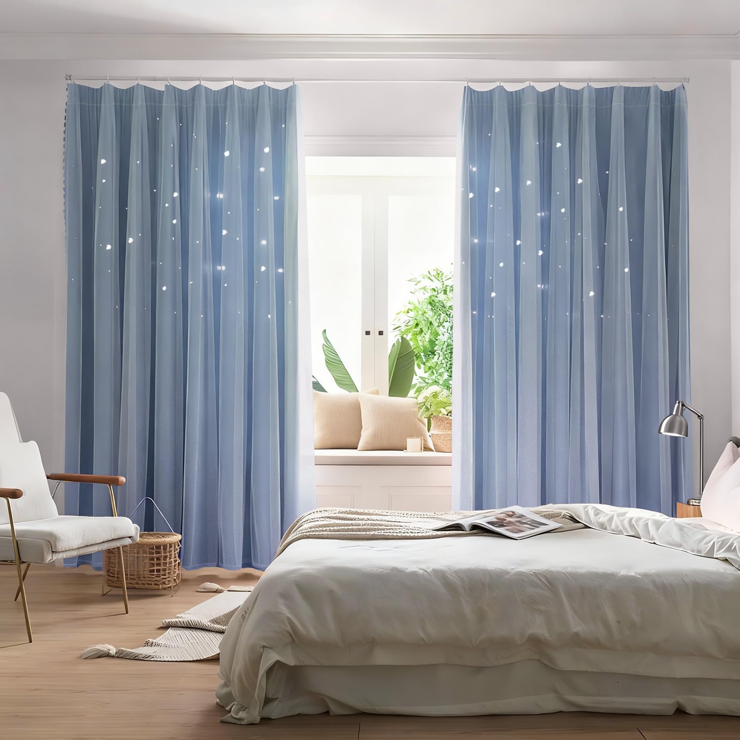 Amazon｜PANDA INTERIOR 姫系カーテン 星柄 遮光 レース付き 一体型