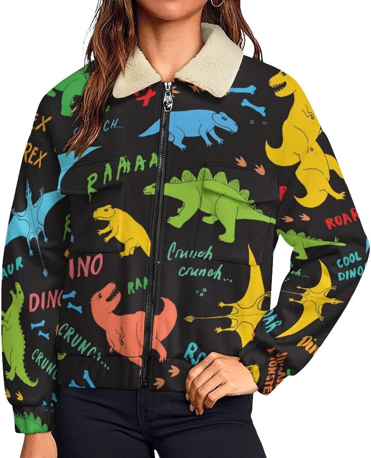 Dinosaurs Pattern Jackets Woman Full Zip Up Sweatshirt Long Sleeve Warm Baseball Top Causal Pockets Sweatshirt