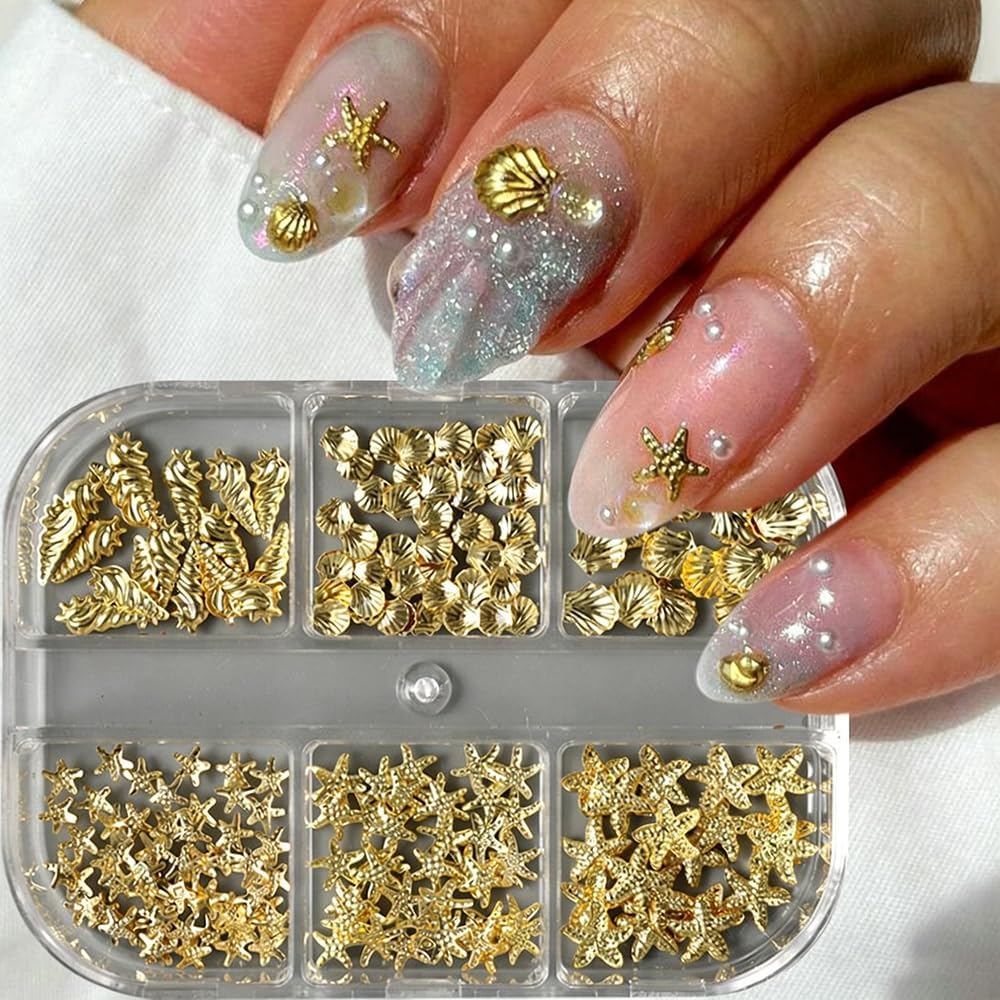 Gold Shell Starfish Nail Charms Summer Beach Nail Accessories Sea Theme 3D Gold Nail Art Glitters Decor Golden Tropical Nail Jewelry for Women 1 Box Manicure Decoration DIY Craft