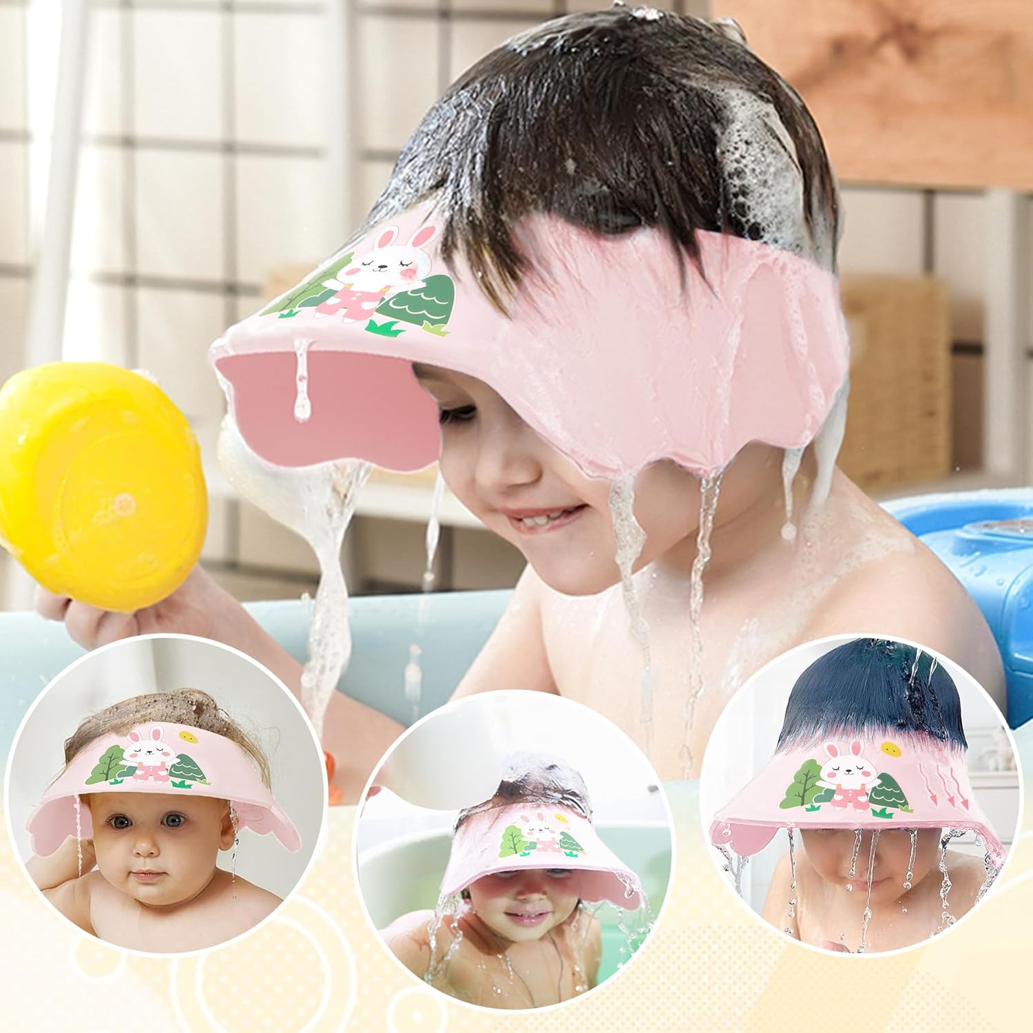 LADES Baby Shower Caps Shield - Adjustable Kids Bath Visor Hat Shampoo Washing Hair Protection Soft Cartoon for Toddler Pink Rabbit image 5 of 6 B0DG9514W8