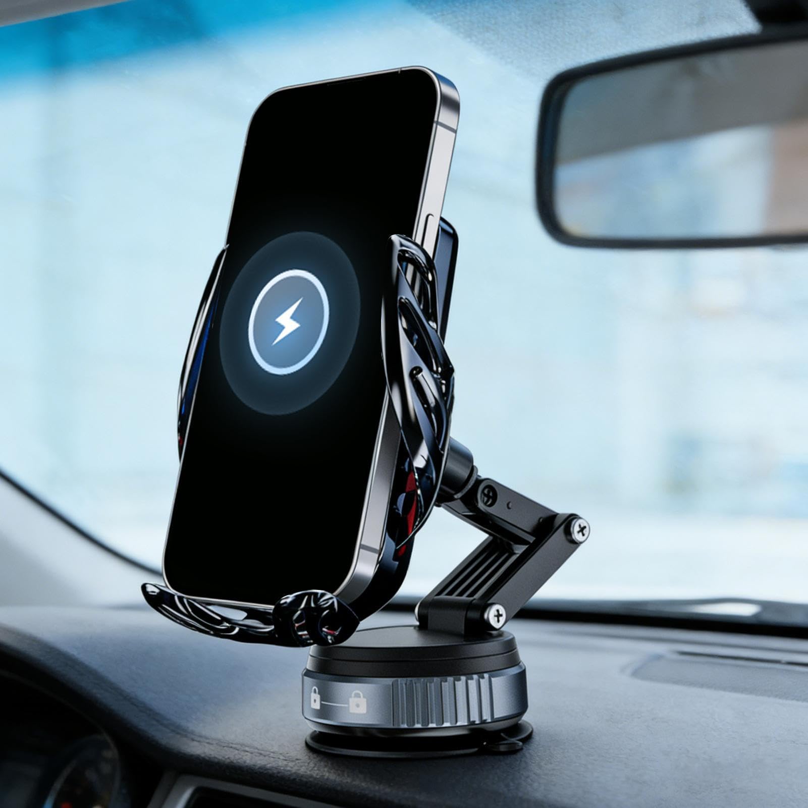 Caricabatterie wireless da auto, 15 W, Qi a ricarica rapida, supporto per telefono con ventosa e staffa per il controllo della musica e lo streaming video durante i pendolari e l'assistenza al