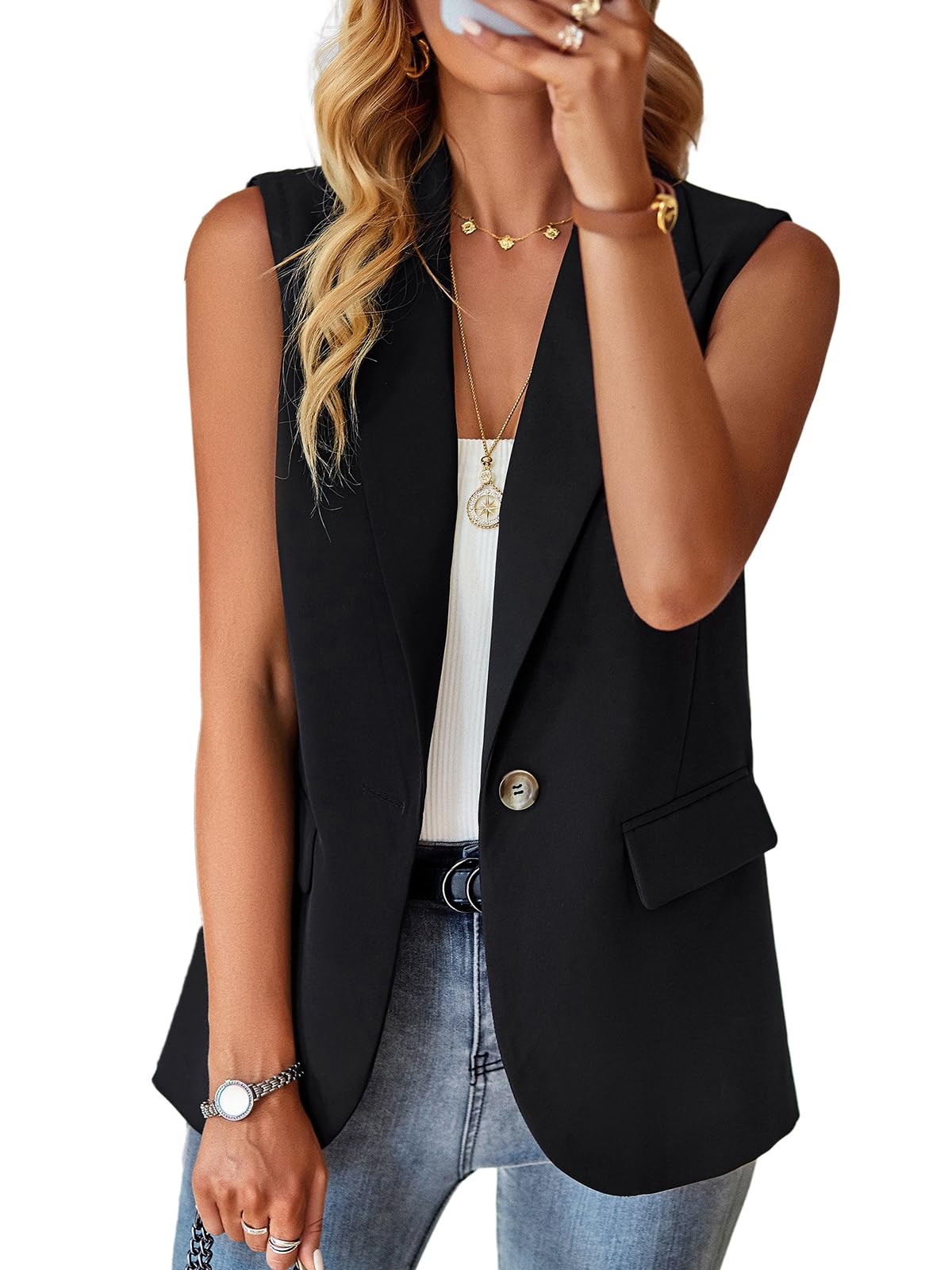 ALSOGO Blazer Damen Ärmellos Weste Sportlich Elegant Einfarbig Jacke Mantel Geschäft Büro Anzugjacke Revers Offene Vorderseite Freizeit Business mit Tasche