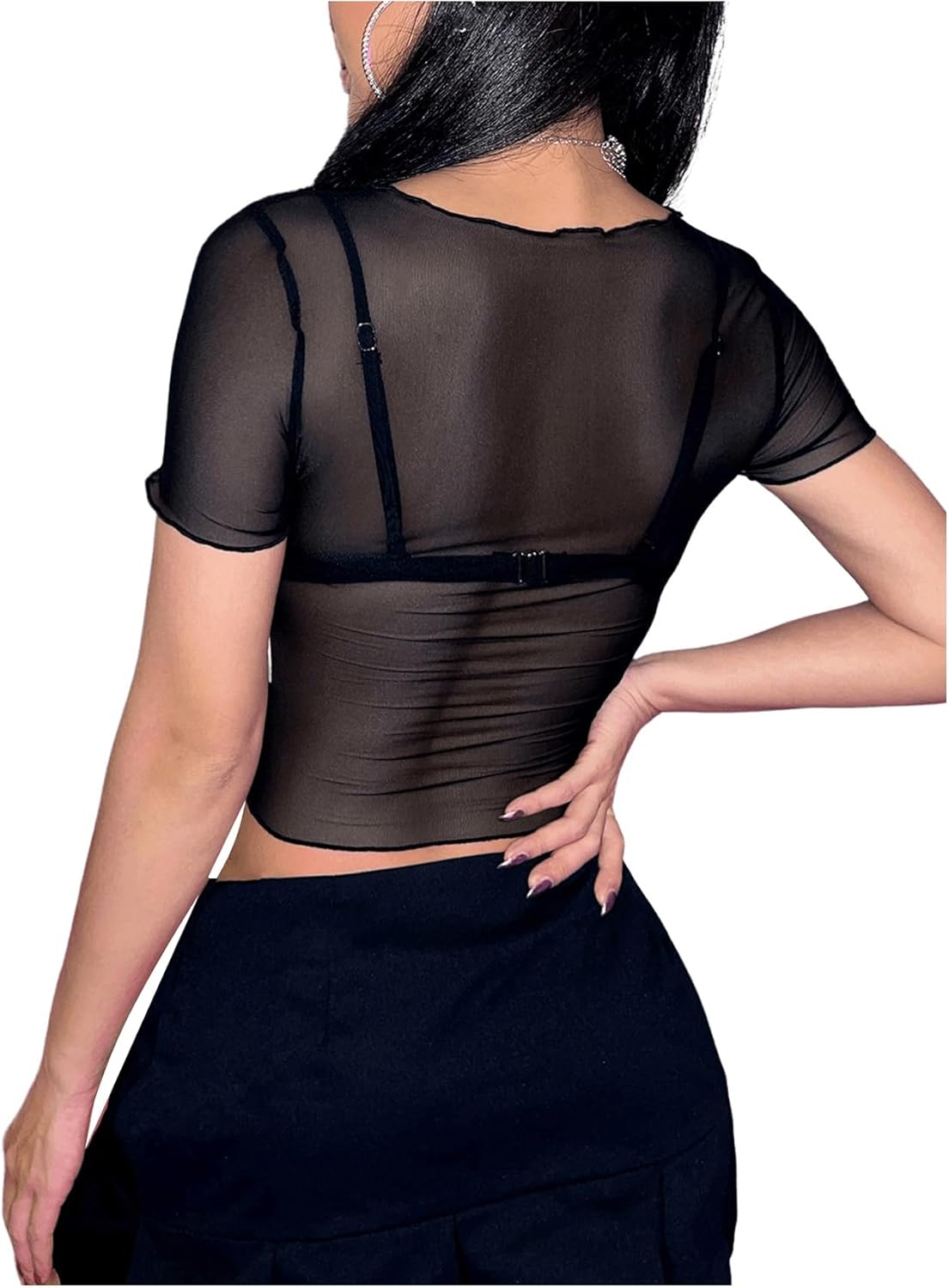 SHENHE Women's Mesh Sheer Butterfly Sequin Crop Top Y2k Short Sleeve Rave Club Top - Image 2