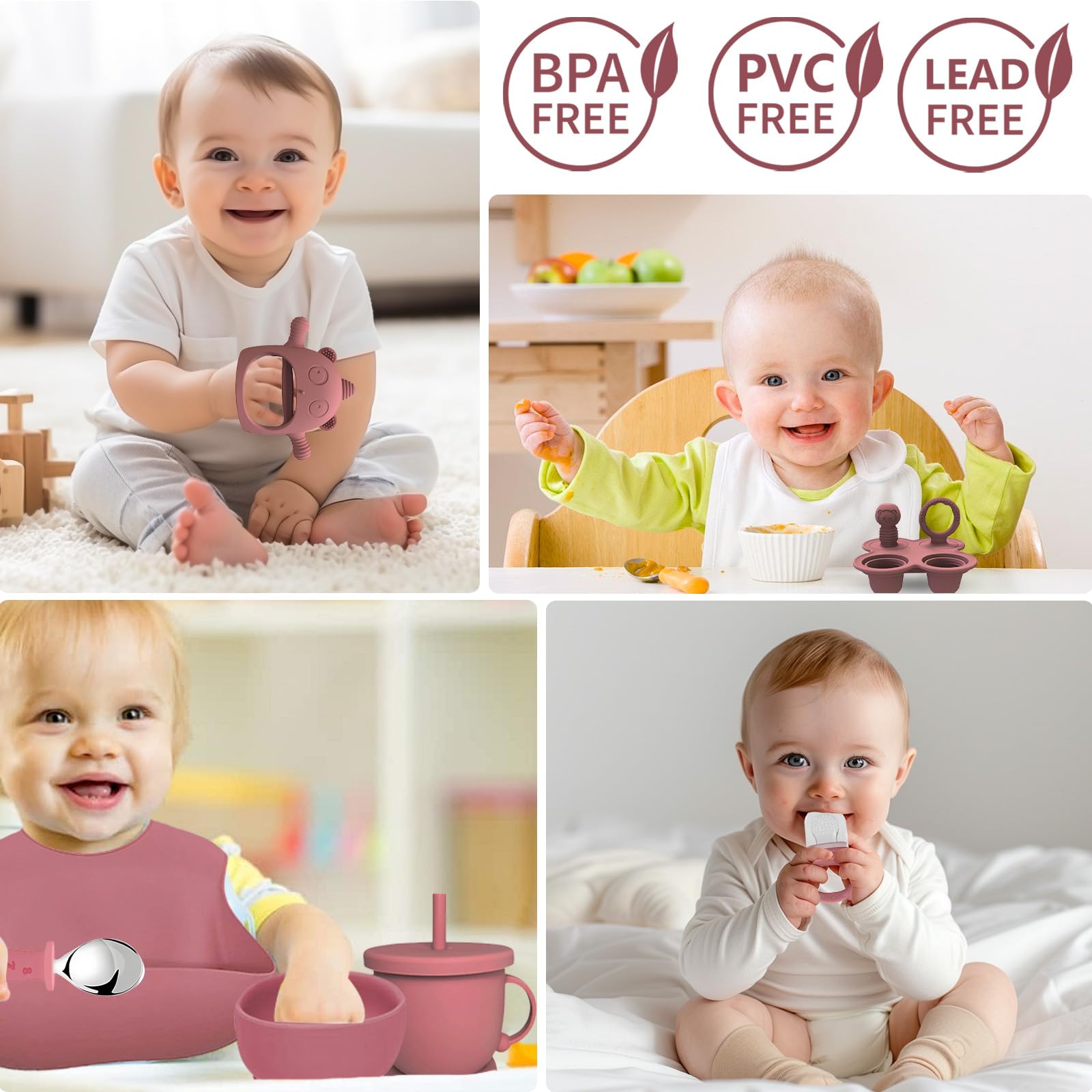 Silikon Baby Geschirrset, 14er Set Kindergeschirr, Babyteller mit Saugnapf, Schüssel, Lätzchen, Babylöffel,Babybrei-Gefrierdose, Trinklernbecher,Fruchtsauger,Baby Led Weaning Besteck Set (Dunkelrosa)