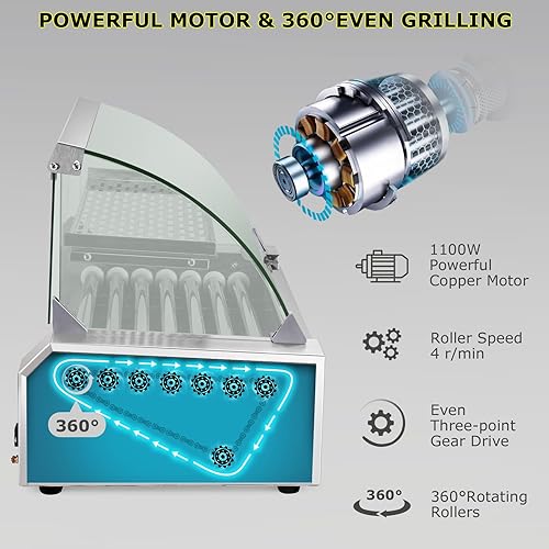 Vista 4 de Seeutek Rodillo para perros calientes con 7 rodillos, 24 perros calientes, capacidad de 1100 W, tostadora de perro caliente inoxidable con luz LED