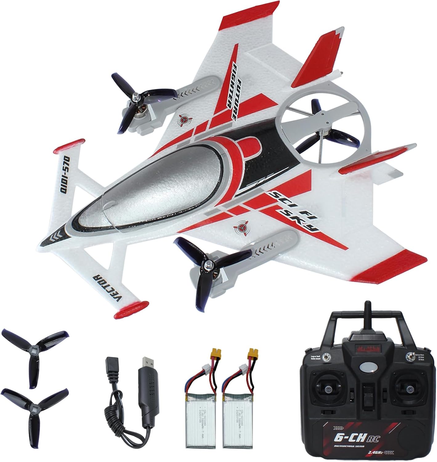 The QIDI 570 RC Airplane in red, showcasing its sleek design and dual propeller configuration for vertical and horizontal flight.