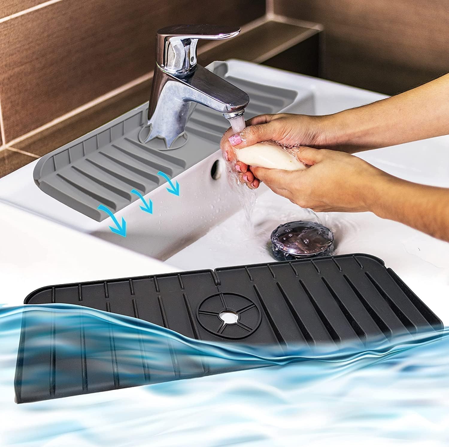 SWIREUK Silicone Sink Mat, Kitchen Faucet Sink Drainer Mat, Countertop Splash Protector & Storage, Dish Drying Mat, Non-Slip Soap Holder No Mess Silicone Splash Pad for Bathroom Sink