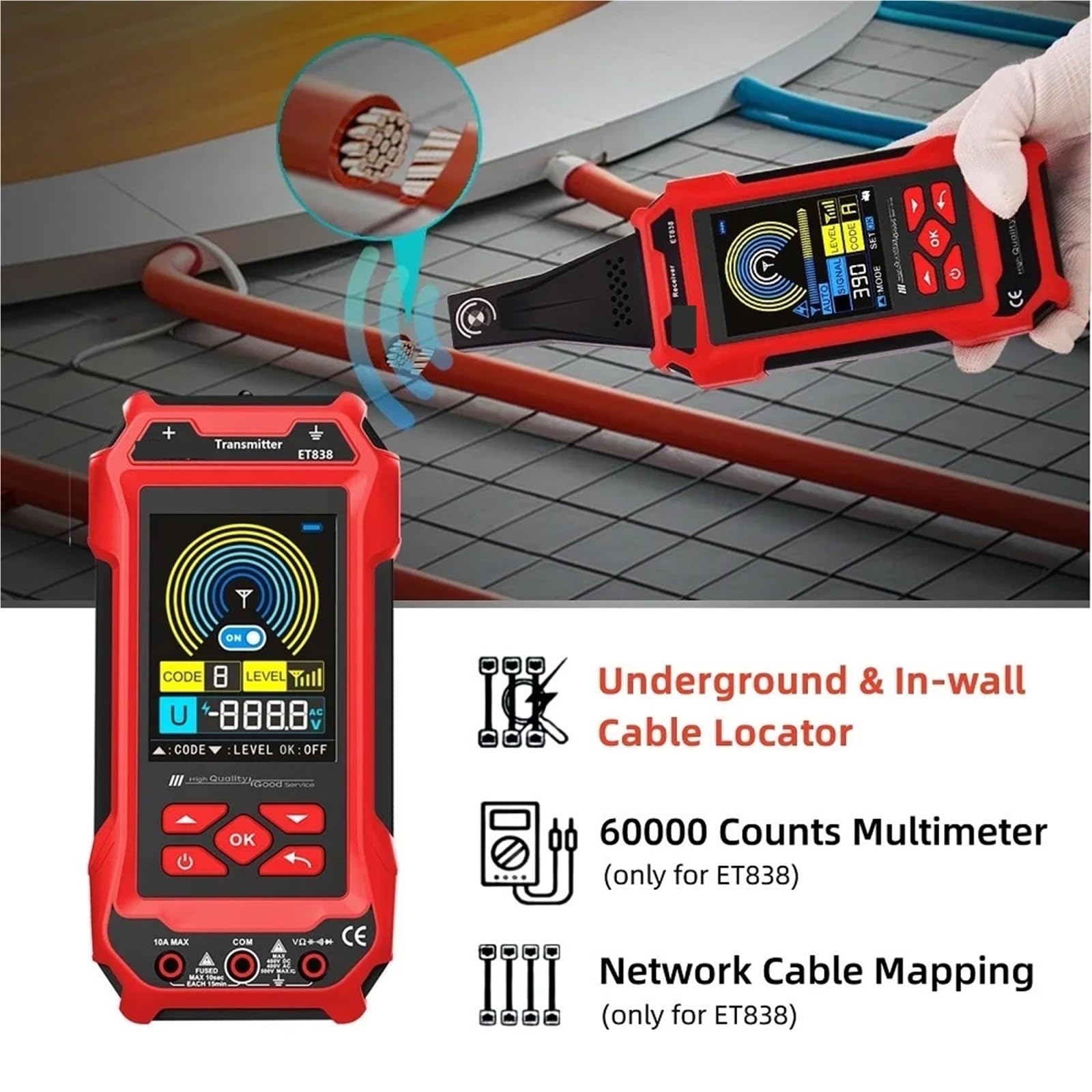 Localizzatore multifunzionale di cavi elettrici sotterranei, multimetro da 60000 conteggi Target Tubi, Cavi(ET838)