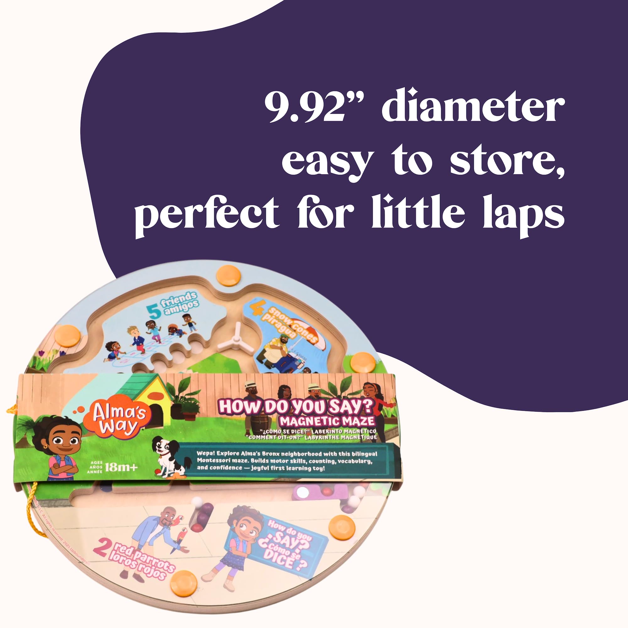 Upbounders Alma's Way "How Do You Say?" Zweisprachiges Montessori-Magnetlabyrinth - Spanisch & Englisch Lernspielzeug für Kleinkinder ab 18 Monaten - Feinmotorik & Erste Wörter spielen