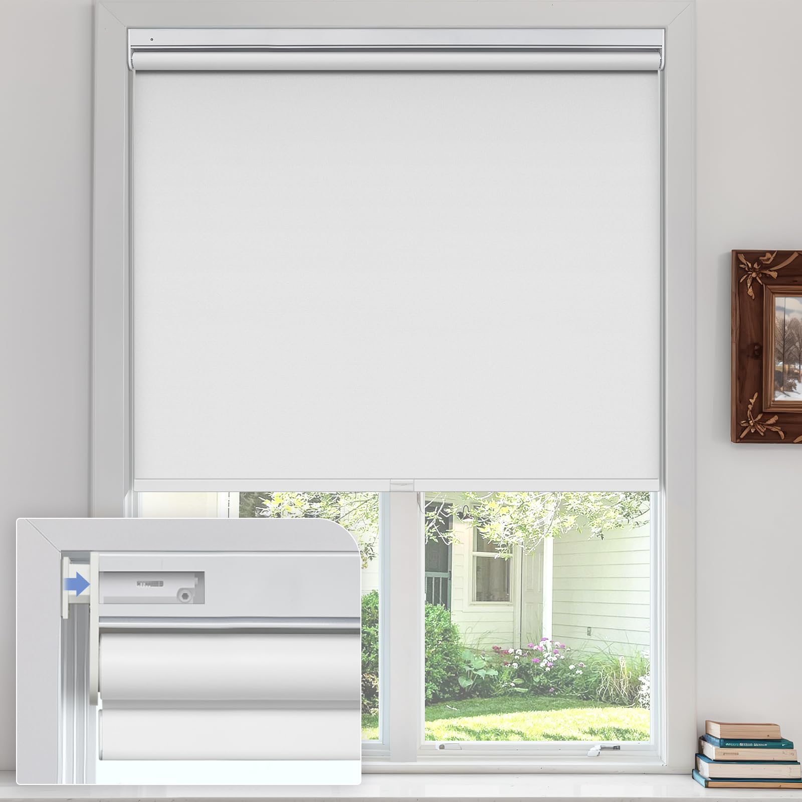 Keego Blackout Roller Blinds for Windows, No Drill Cordless Blind Easy Fit Room Darkening Shades Trimmable UV Protection Thermal for Home Office (Blackout - White, Custom Sizes)