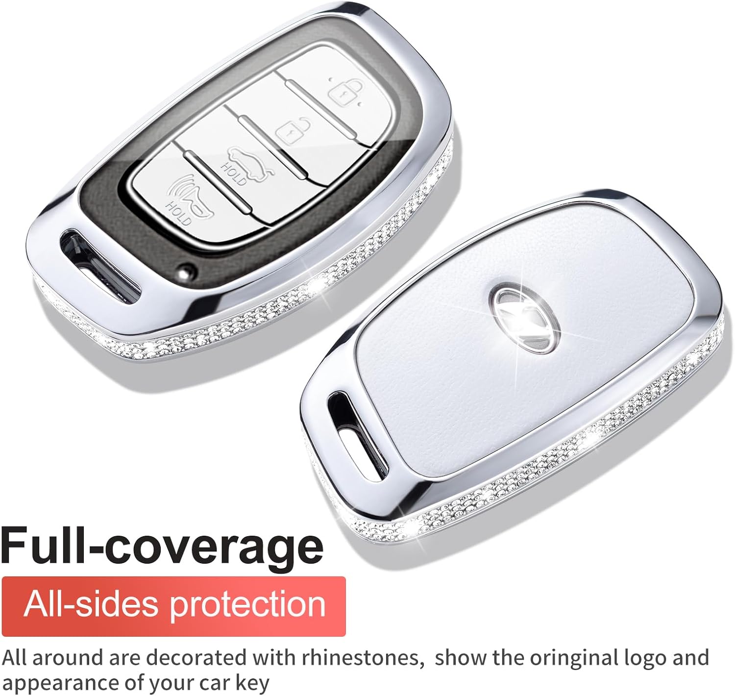 for Hyundai Elantra Key Fob Cover with Keychain Genuine Leather Crystal Key Case Protector Compatible with Hyundai Elantra Ioniq Sonata Tucson Elantra GT (Model1, White)