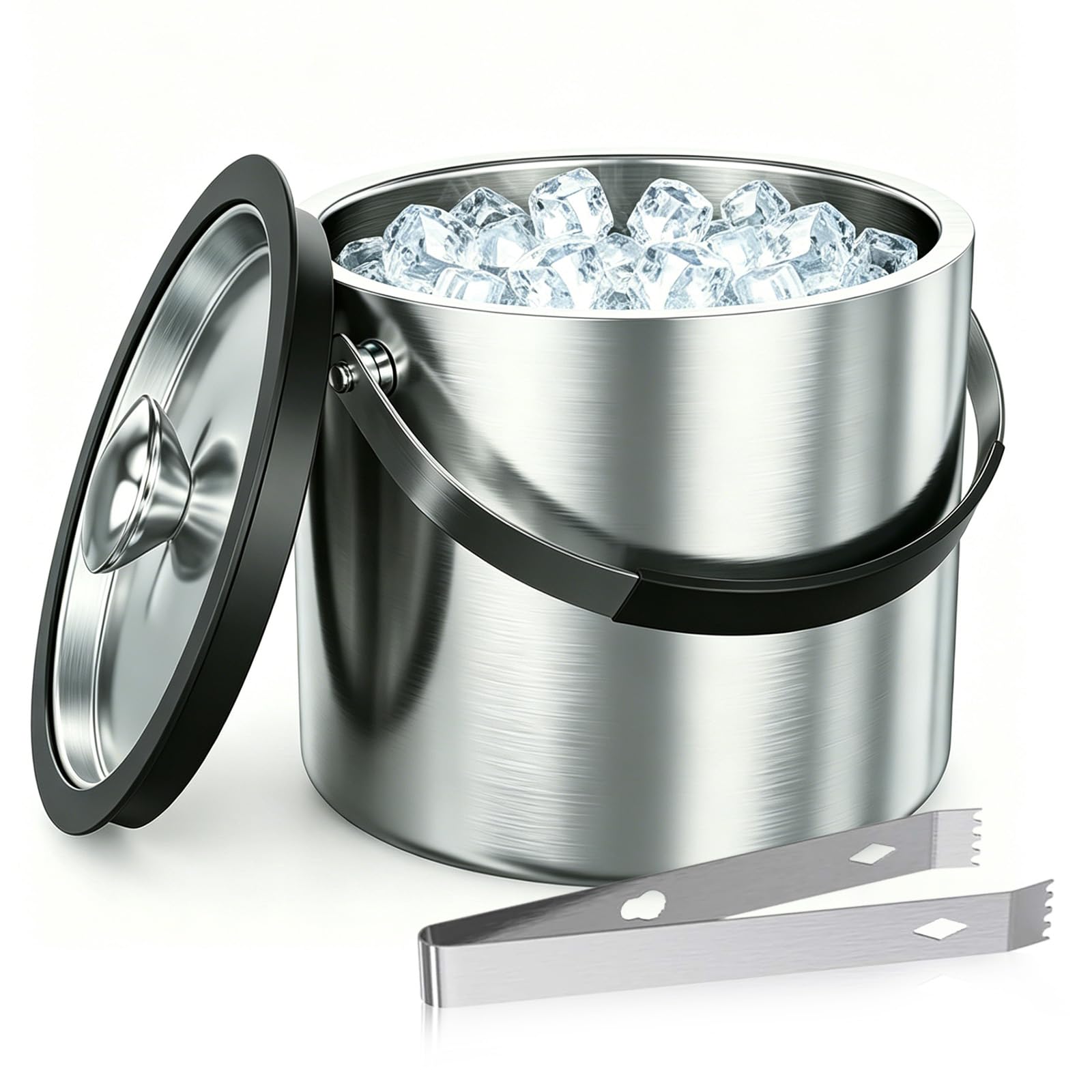 Contenitore per cubetti di ghiaccio, 2 l, con coperchio, in acciaio inox con clip e colino, perfetto per raffreddare bevande, birra, adatto per la Coppa del Mondo 2026