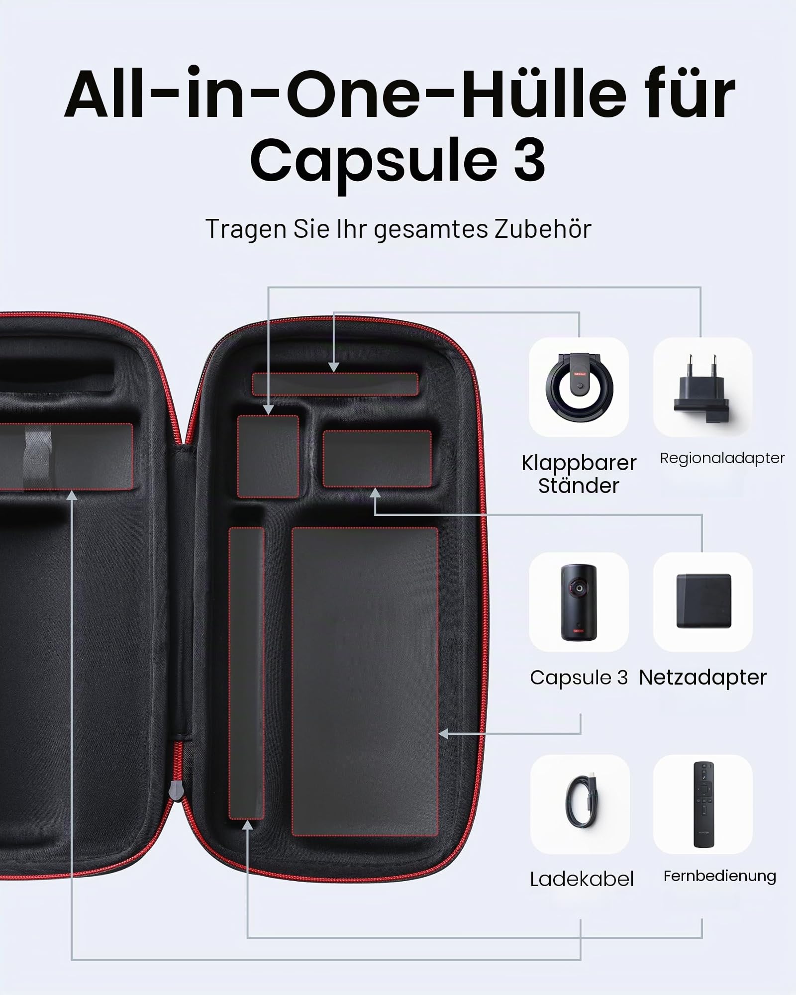 NEBULA Capsule 3 Offizielle All-in-One-Reisetasche, maßgeschneidert für Capsule 3, mit Adapter, Fernbedienung, Kabel und Ständer, wasserdichtes und schützendes Polyester