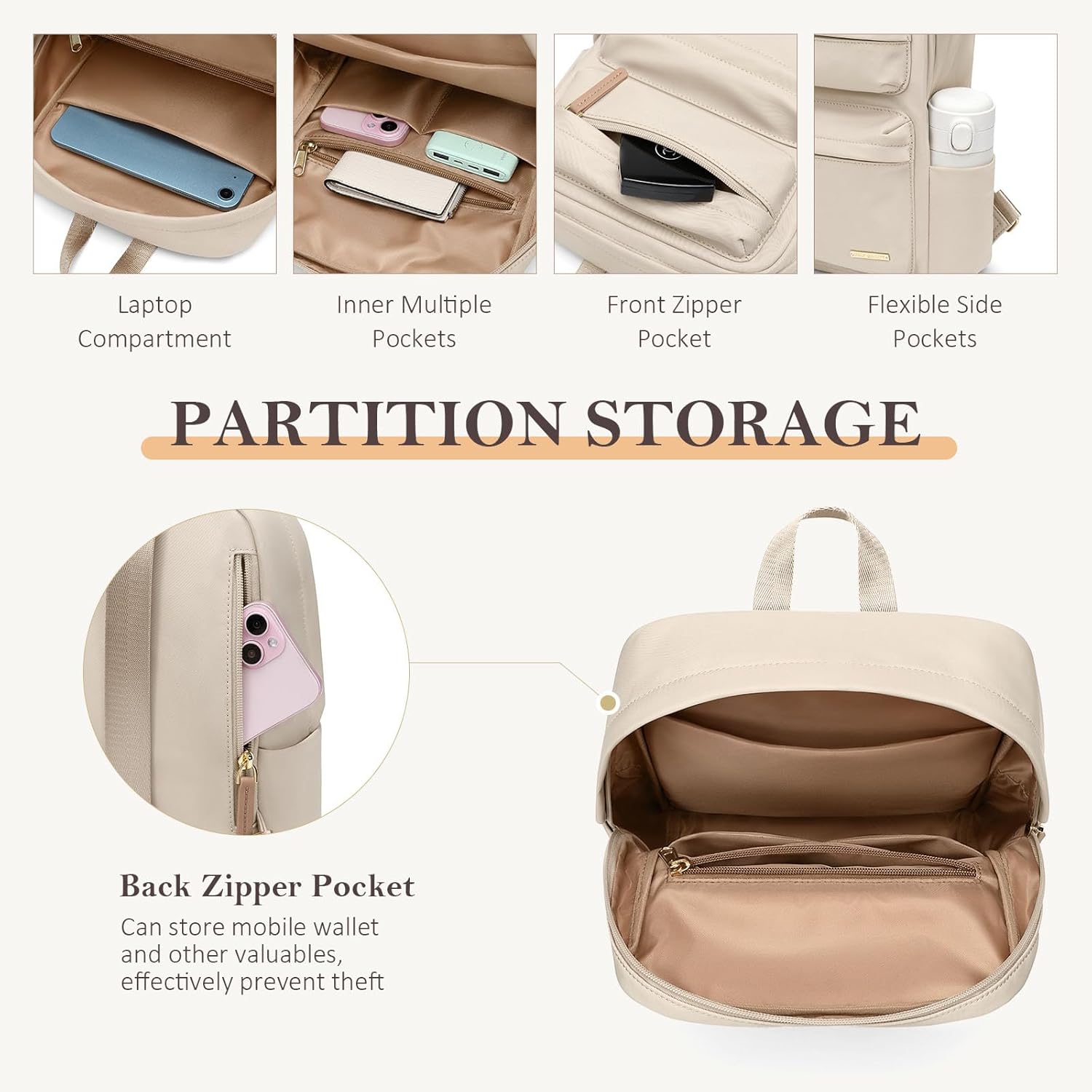 Mini Backpack for Women Lightweight Small Waterproof Backpack Purses Daily Daypack,fit 10.2Inch iPad,Apricot - Image 3