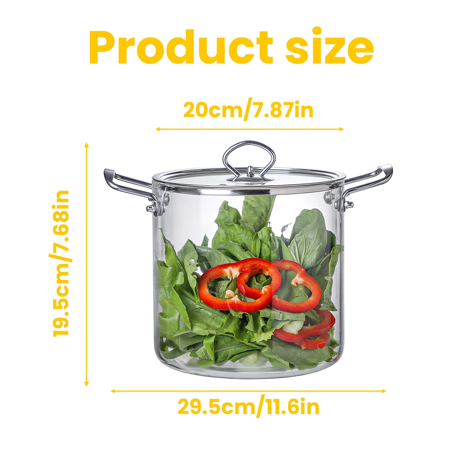 5.5L Olla de Cristal para Cocinar - Ollas de Vidrio Transparente con Tapa Resistente al Calor Utensilios de Cocina para a Fuego Lento con Asas de Acero Inoxidable para Pasta Fideos, Sopa, Leche