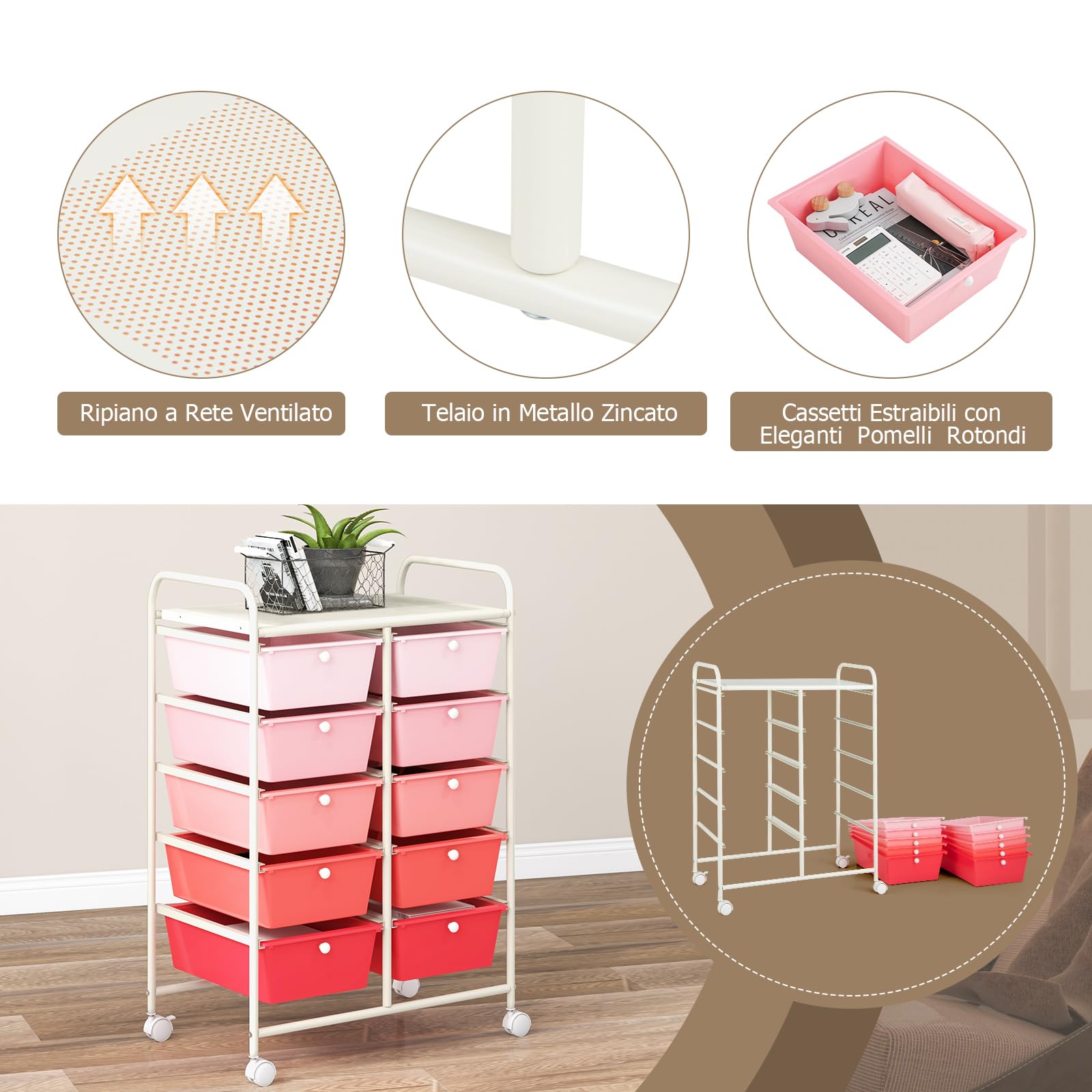 GYMAX Carrello Portaoggetti a 10 Cassetti con Ruote Bloccabili, Carrello di Stoccaggio, Leggero Multifunzione per Scuola, Ufficio, Casa, Studio, 65,5 x 37 x 87 cm (Rosa)