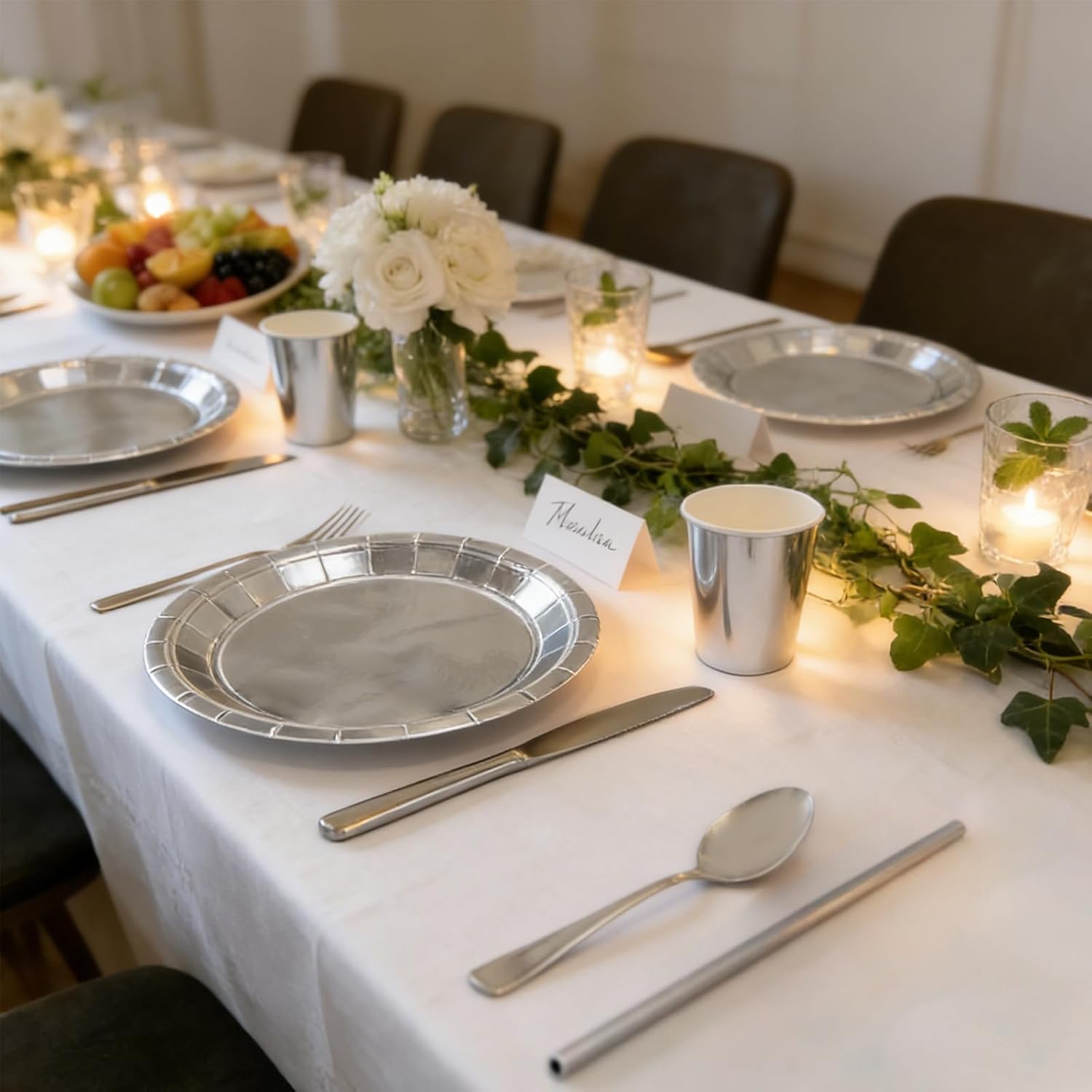 Party Supplies Set, Including Paper Plates, Paper Cups, Napkins, and Heavy-duty Cutlery, Serves 20 Guests, Ideal for Birthdays, Graduations, Weddings, and Holiday Celebrations (Silver)