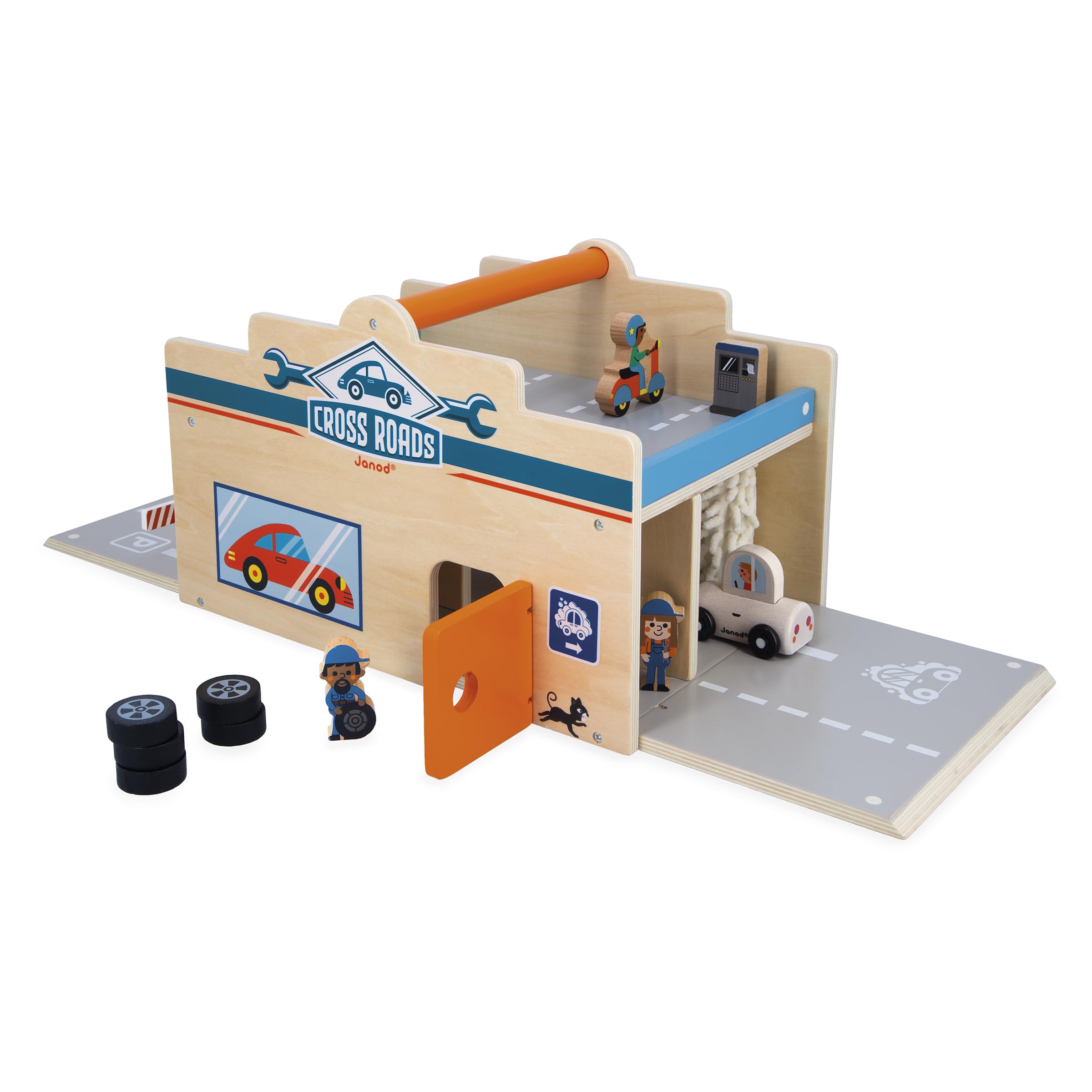 Janod - Mon Premier Garage Voitures en Bois Enfant 2 Ans et Plus - 2 Niveaux, Atelier Mécanique + Lavage Auto - 15 Accessoires Inclus - Dès 2 Ans