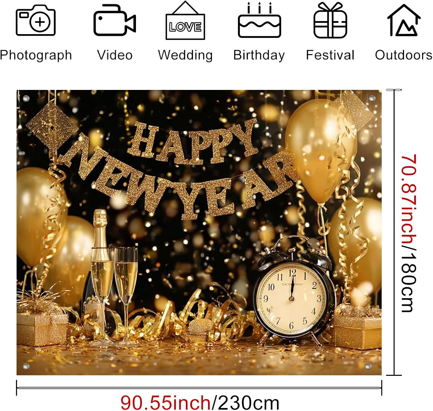 HOMETITUTE Happy Chinese New Year Backdrop 8x6ft Gold Champagne Party Photography Background Glitter Clock Balloons Banner Lunar New Year Eve Celebration Photo Booth Decoration for Holiday Indoor