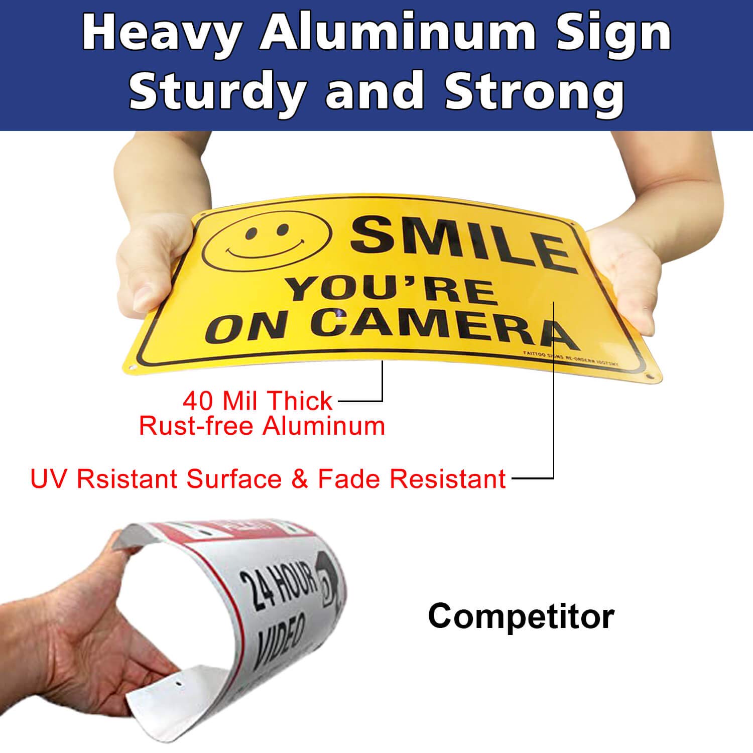 (4-pak) znak Faittoo Smile You're On Camera, odblaskowy 10 x 7 bez rdzy .40 aluminium, ochrona przed promieniowaniem UV, odporny na warunki atmosferyczne, trwały atrament, do użytku wewnątrz i na zewnątrz do domowego biznesu kamery bezpieczeństwa CCTV