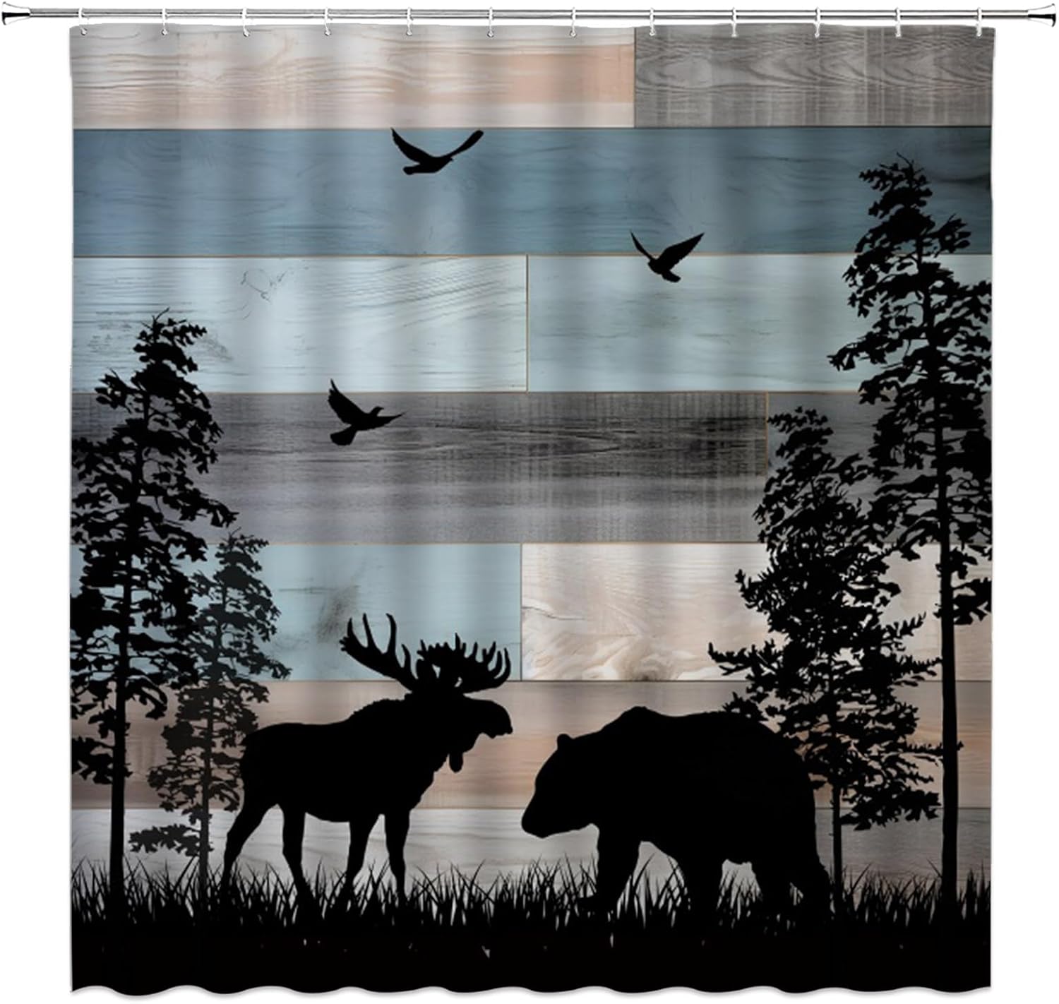 Rustic Animal Extra Long Shower Curtain Deer Bear Cabin Retro Wooden Board Tree Forest Wildlife BlueFabic with Hooks for Bathroom Decor,70x78 Inch