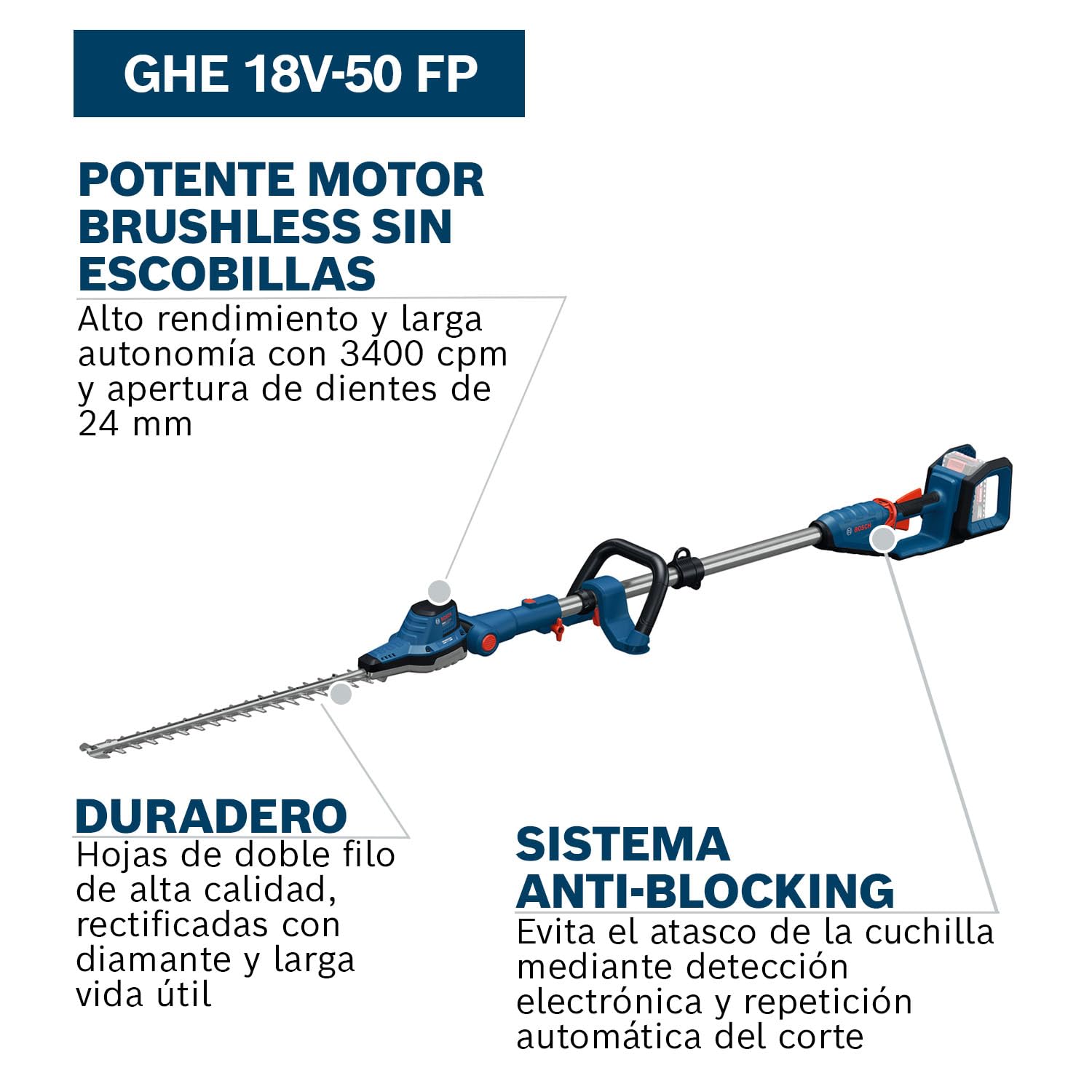 Bosch PRO tijeras cortasetos a batería GHE18V-50 FP sin bat./carg. | empuñadura auxiliar de 360°, 3400 carreras por minuto, nivel bajo de ruido: 90dB