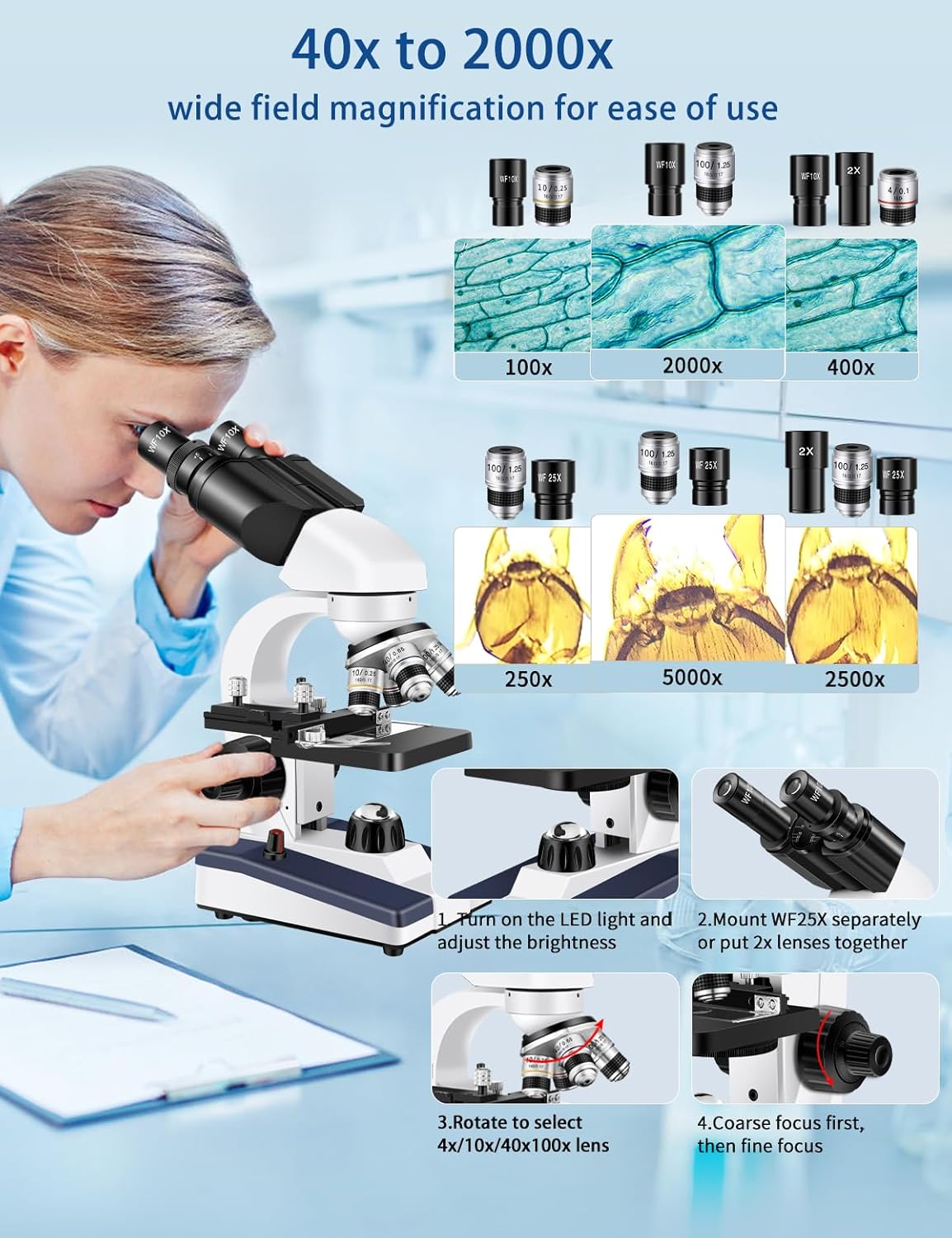 Microscope for Adults WF10x and WF25x Eyepieces, 40X-2500X Magnification, with HD USB Camera, Binocular Microscope for Lab Schools - Image 7